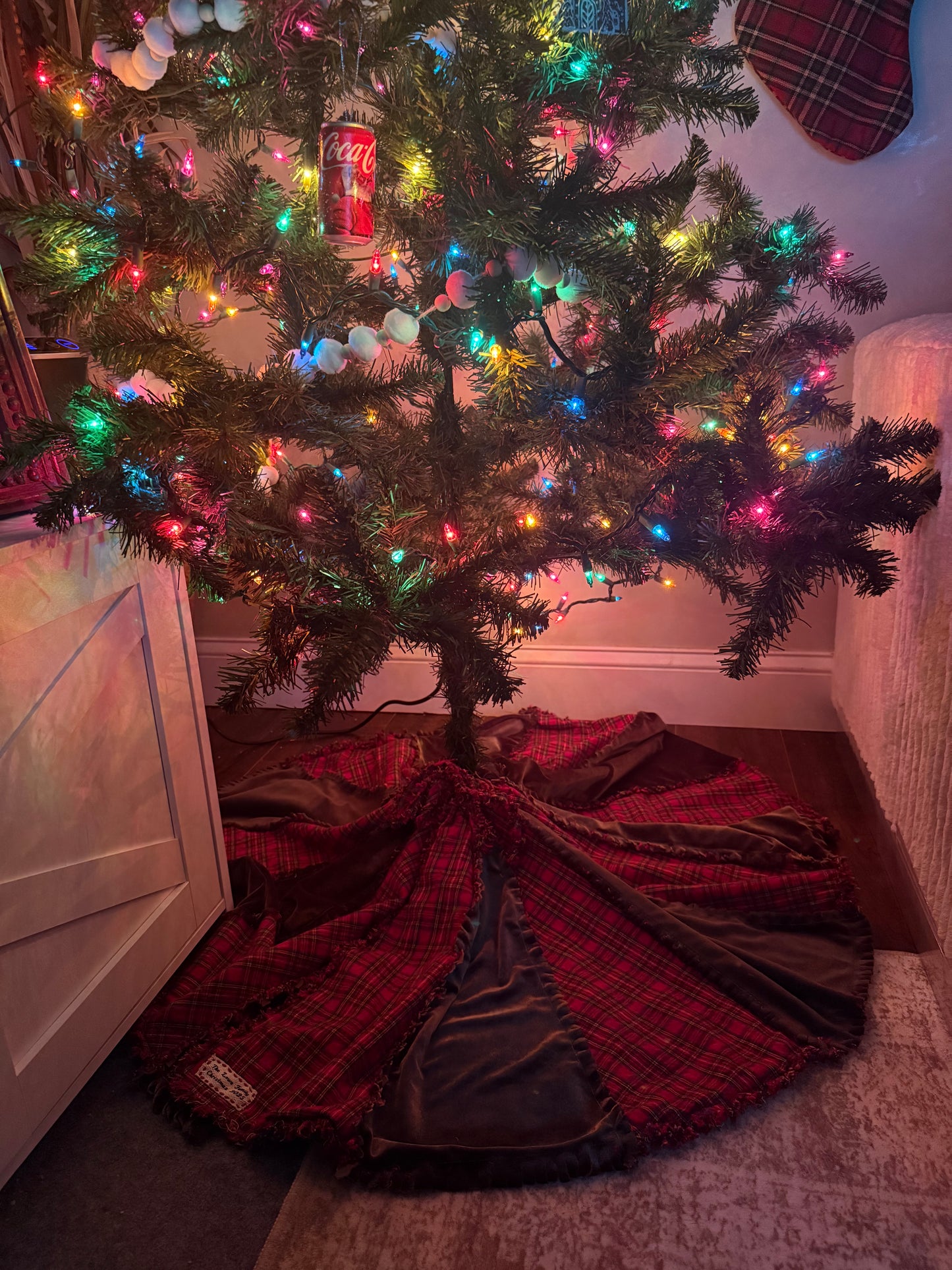 Family Traditional Christmas Tree Skirt | Rag Style Tree Skirt with Custom Hand Sewn Name