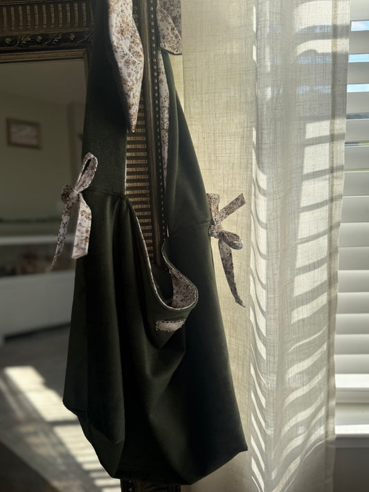 Sage Green Cotton Tote Bag with Bows | Large Shoulder Bag with Adjustable Strap