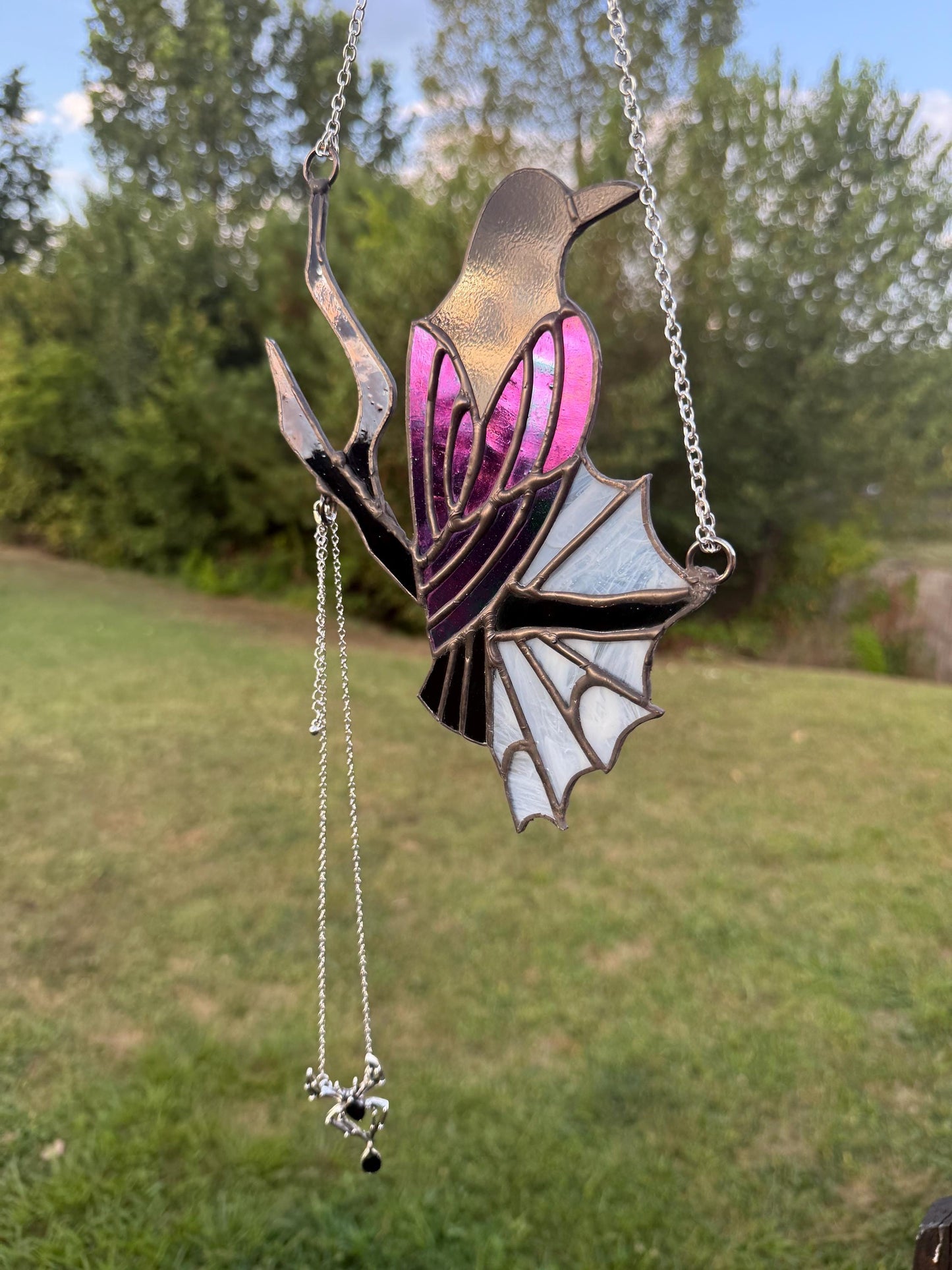 Spiderweb Raven Stained Glass Suncatcher with Detachable Spider Pendant Necklace | Crow Stained Glass | Goth Babe Decor