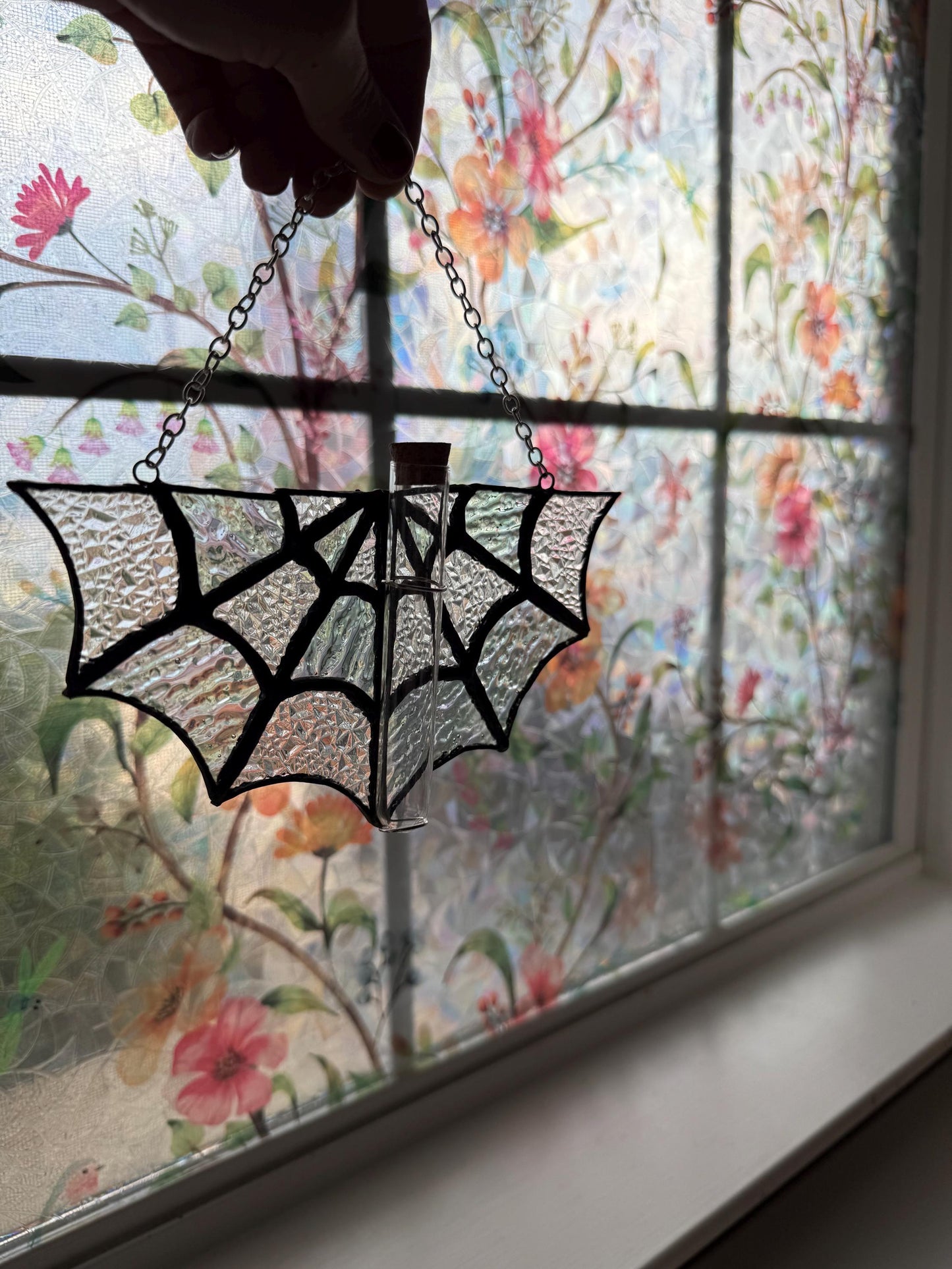 Spiderweb Stained Glass Plant Propagation Station: Gothic Window Decor