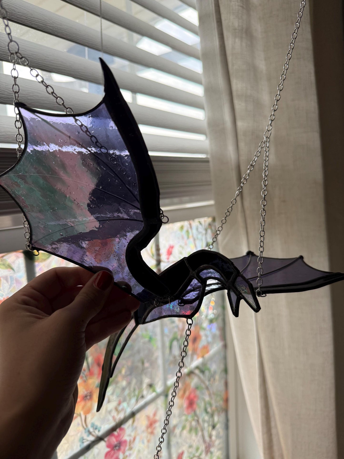 Stained Glass Flying Dragon Mobile: Gothic Window Decor