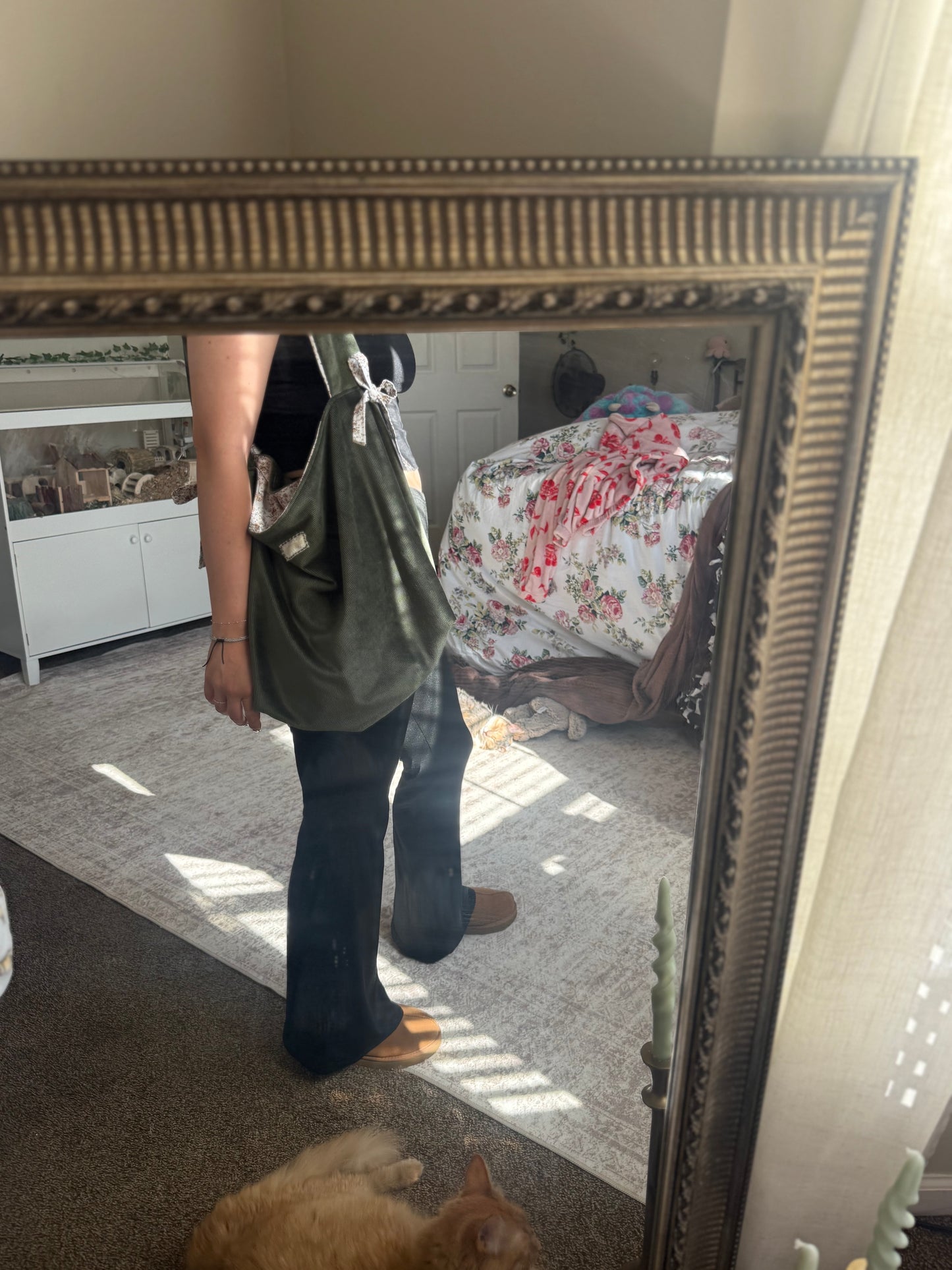 Sage Green Cotton Tote Bag with Bows | Large Shoulder Bag with Adjustable Strap