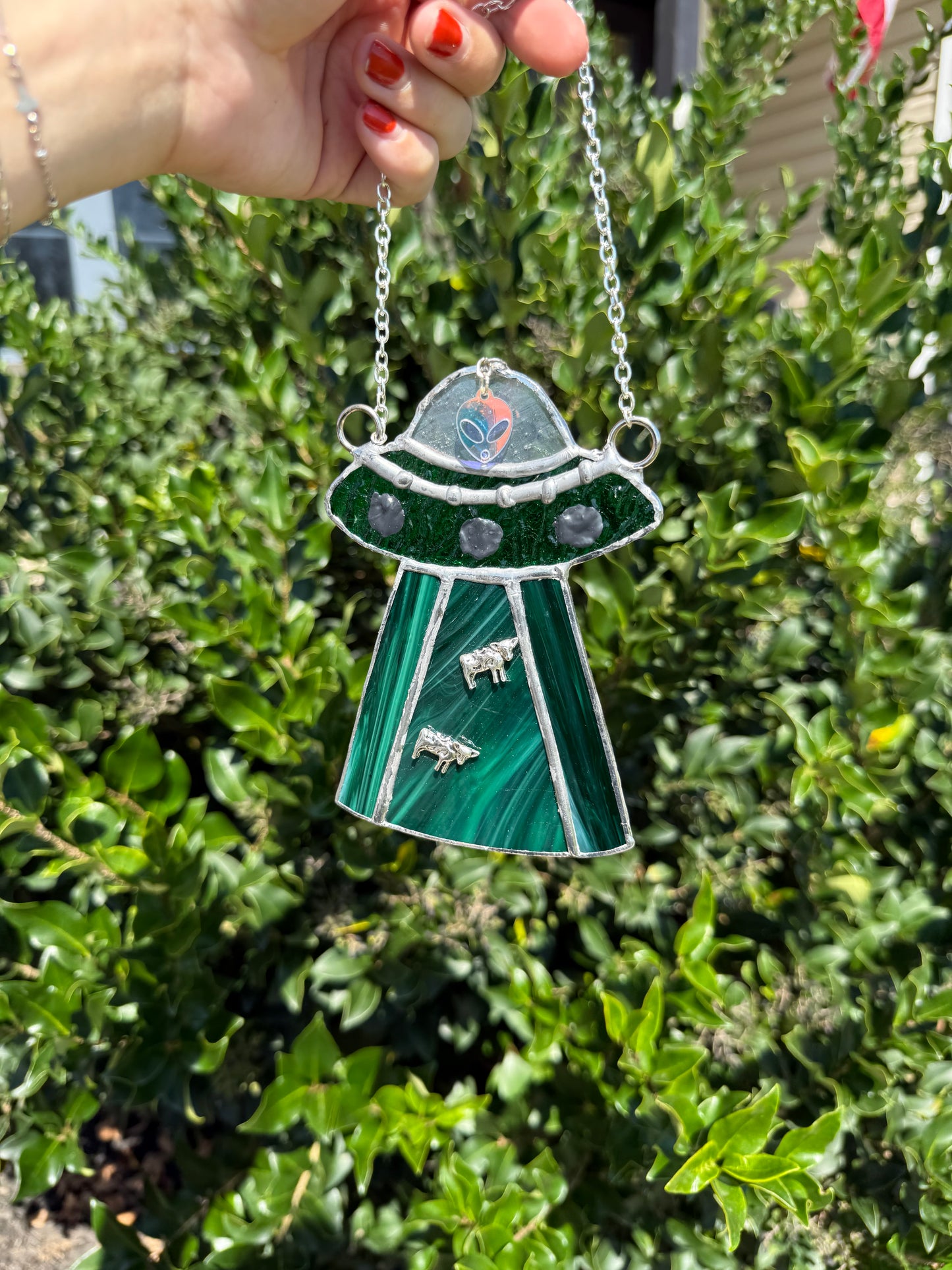 UFO Alien Cow Abduction Stained Glass Suncatcher | Goth Babe Decor | Halloween Window Decor