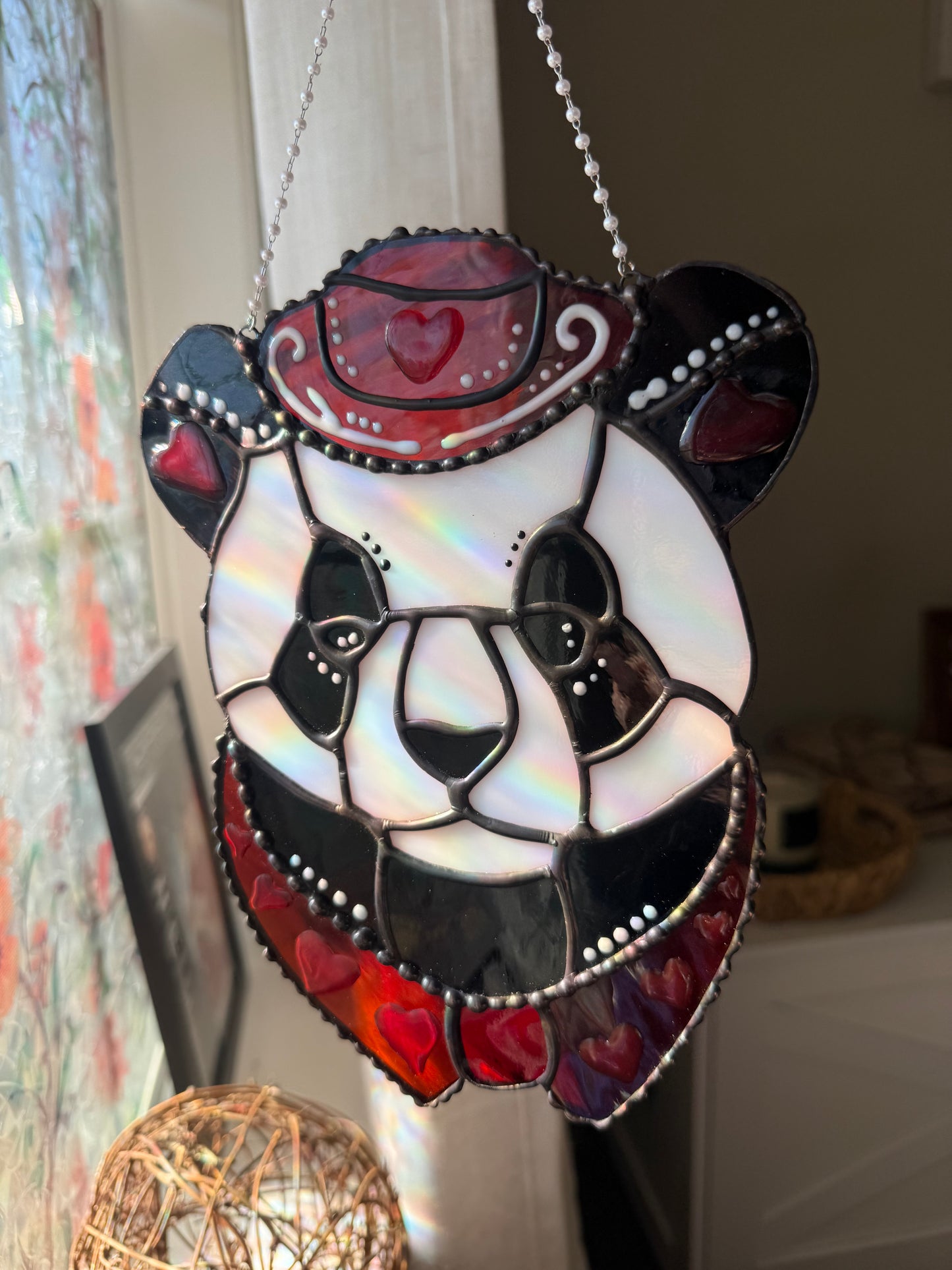 Cowboy Panda Bear Stained Glass | Heart Cowboy Suncatcher | Valentines Bear