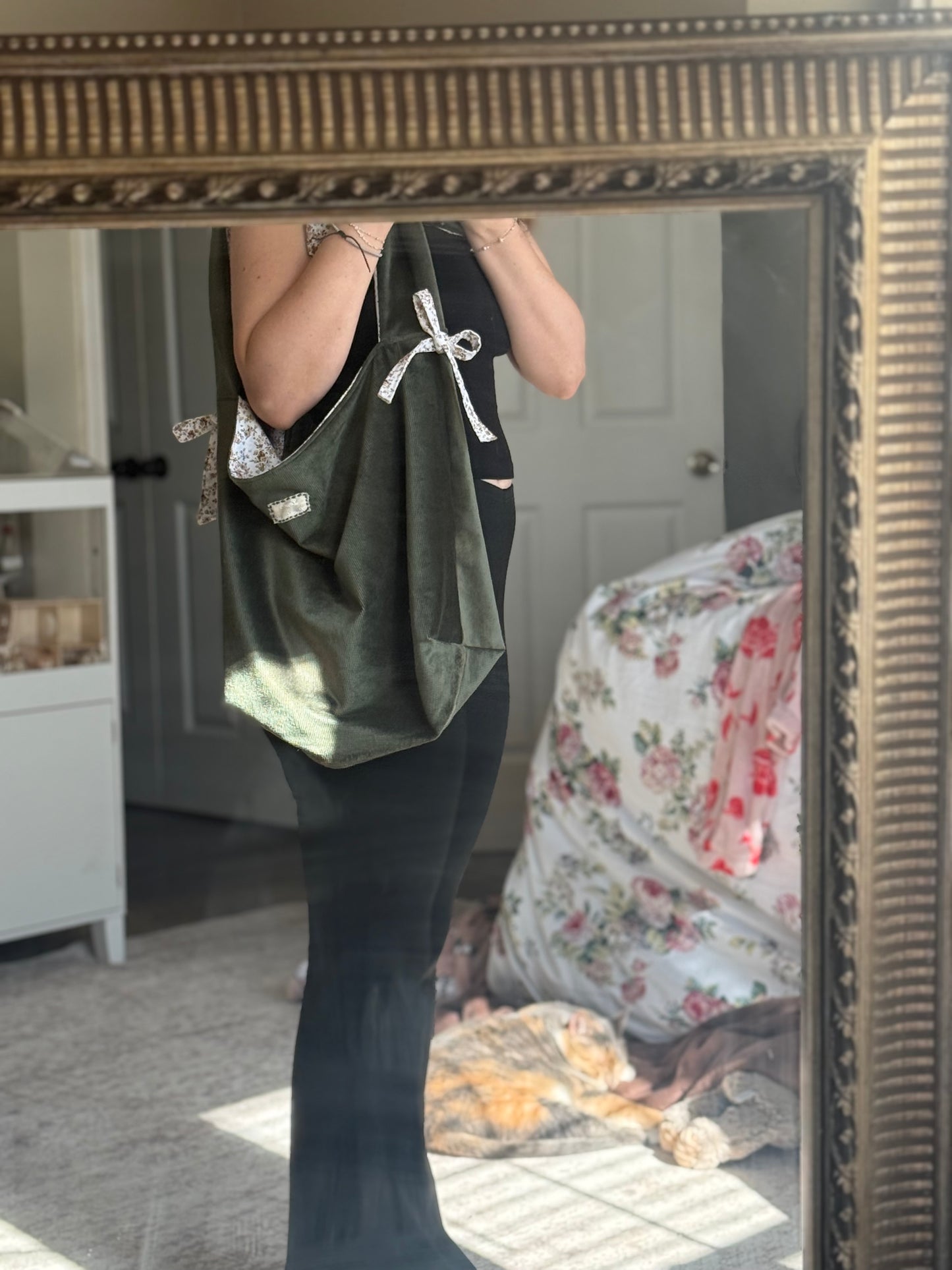 Sage Green Cotton Tote Bag with Bows | Large Shoulder Bag with Adjustable Strap