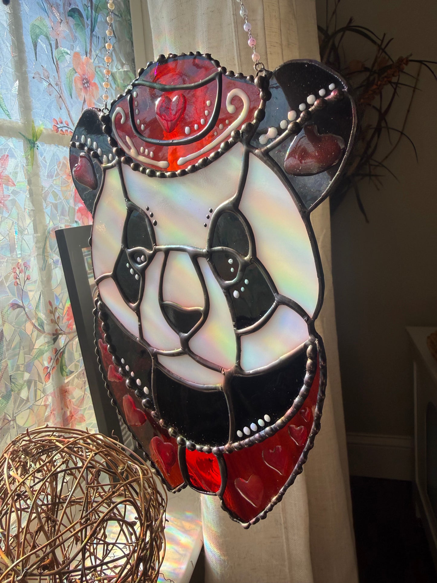 Cowboy Panda Bear Stained Glass | Heart Cowboy Suncatcher | Valentines Bear