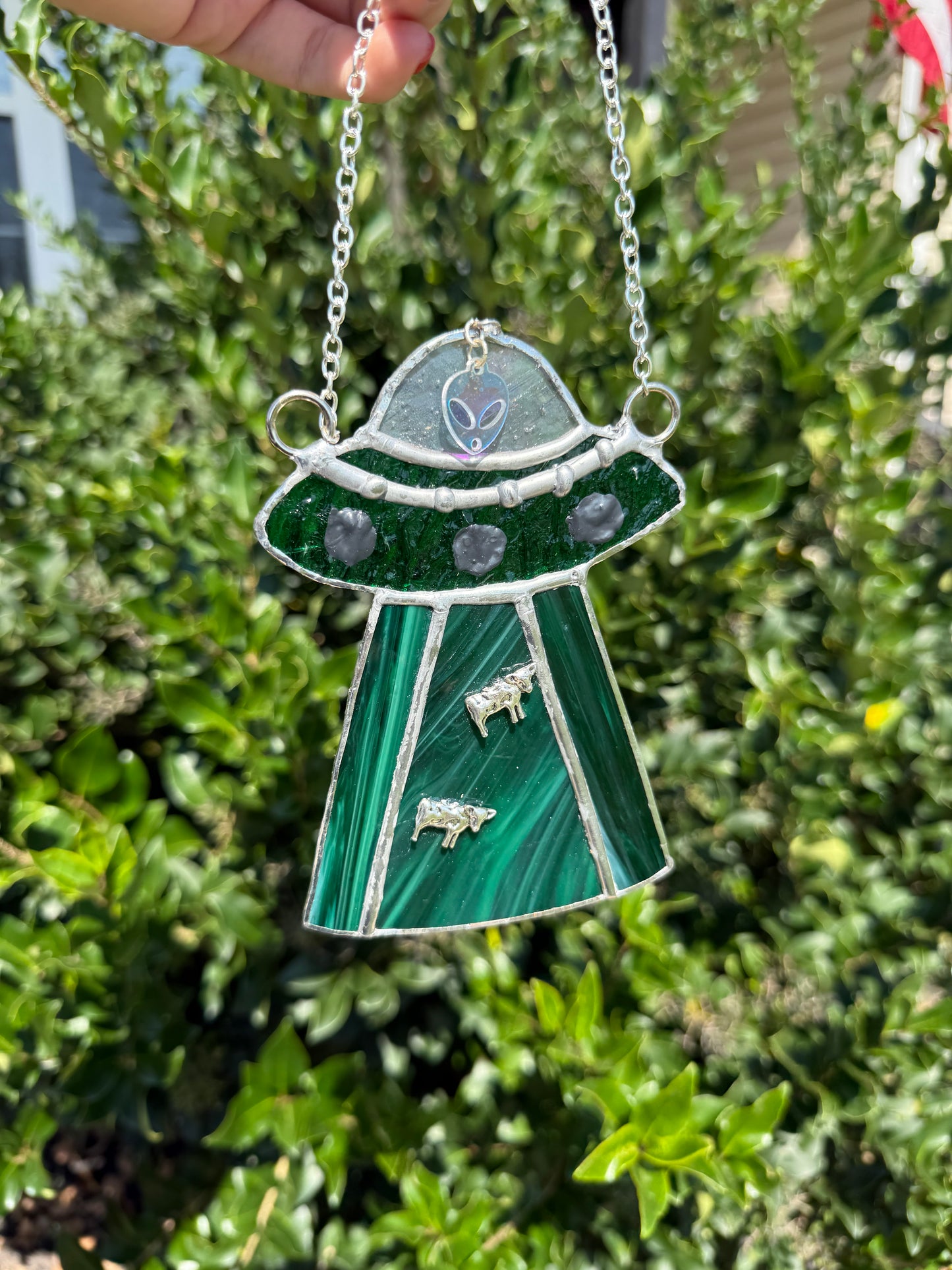 UFO Alien Cow Abduction Stained Glass Suncatcher | Goth Babe Decor | Halloween Window Decor