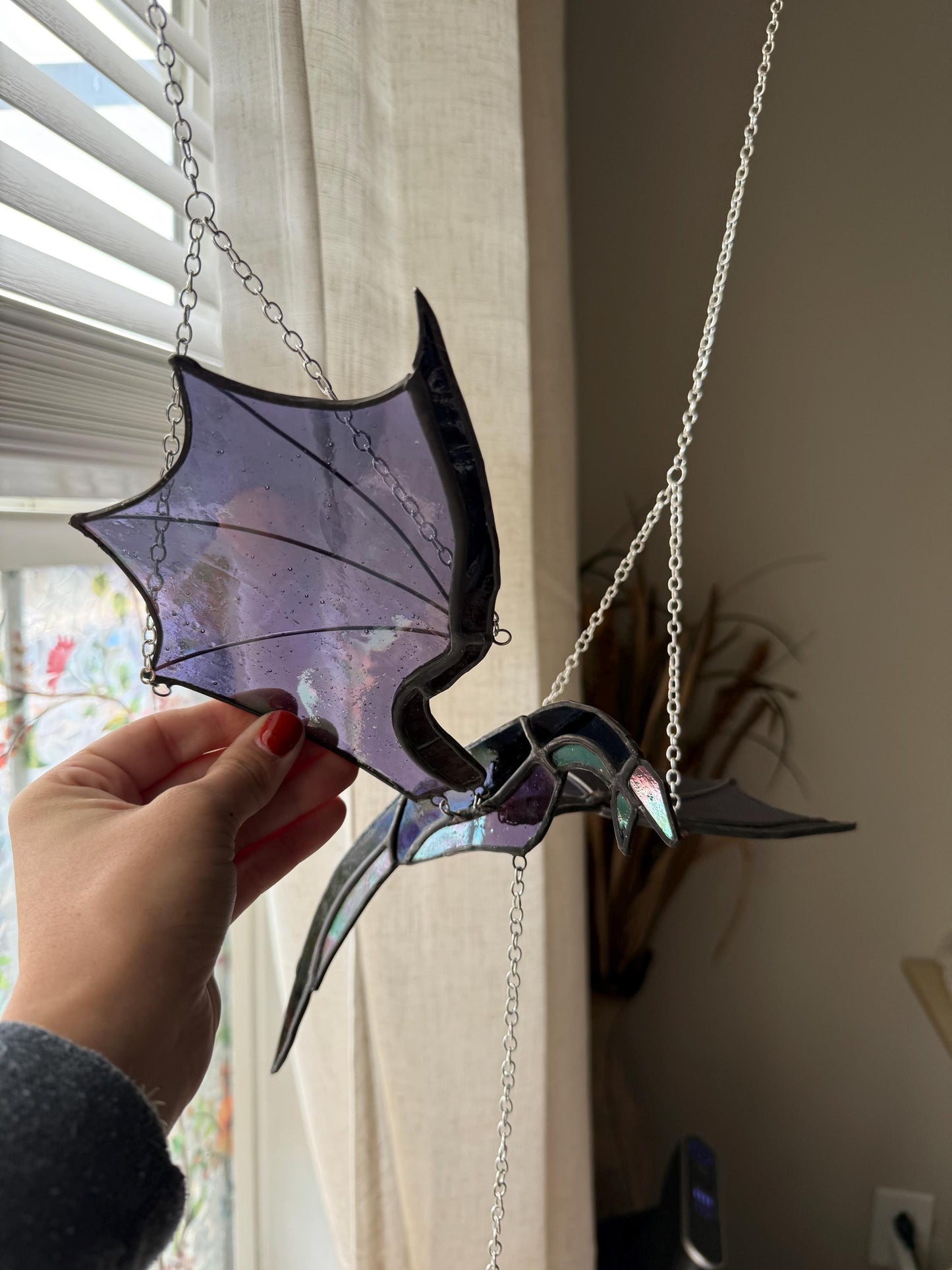 Stained Glass Flying Dragon Mobile: Gothic Window Decor