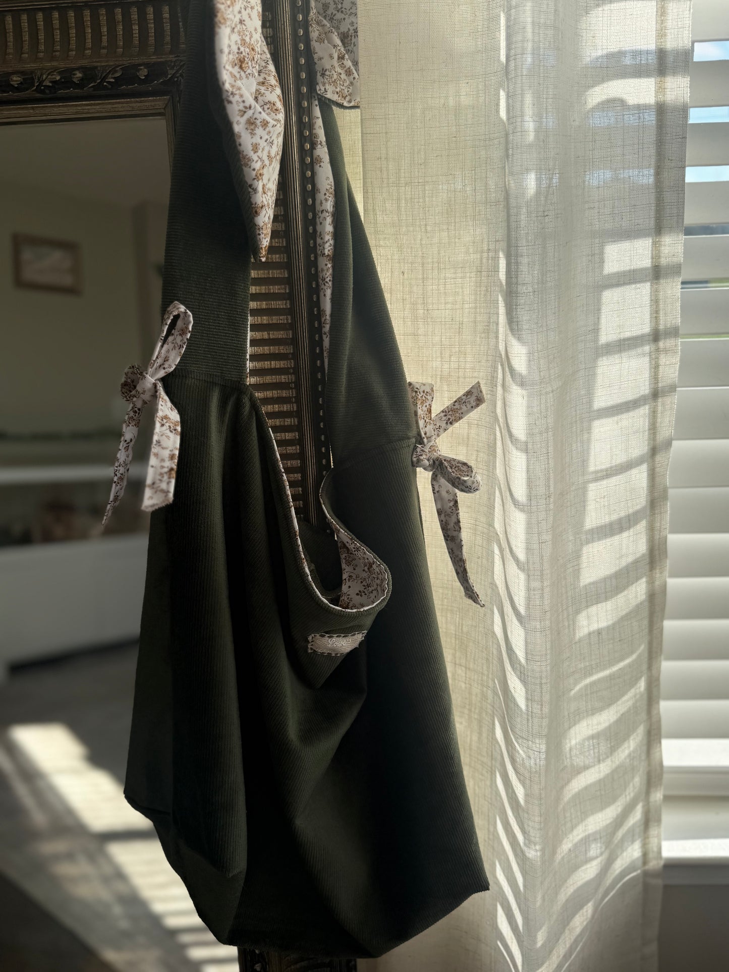 Sage Green Cotton Tote Bag with Bows | Large Shoulder Bag with Adjustable Strap