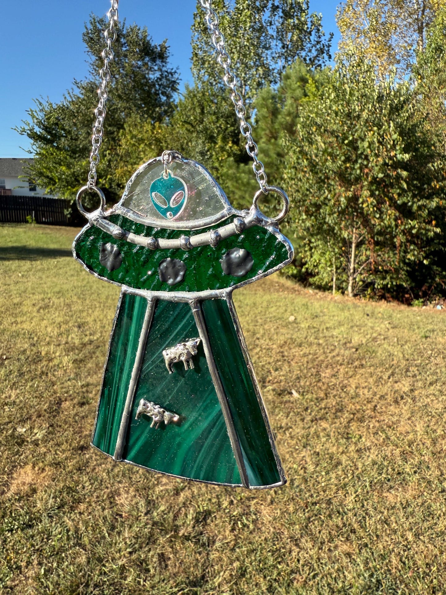UFO Alien Cow Abduction Stained Glass Suncatcher | Goth Babe Decor | Halloween Window Decor