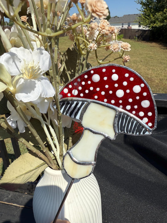 Fairy Garden Mushroom Stained Glass Suncatcher - Plant Stake / Cottage Core Plant Decor