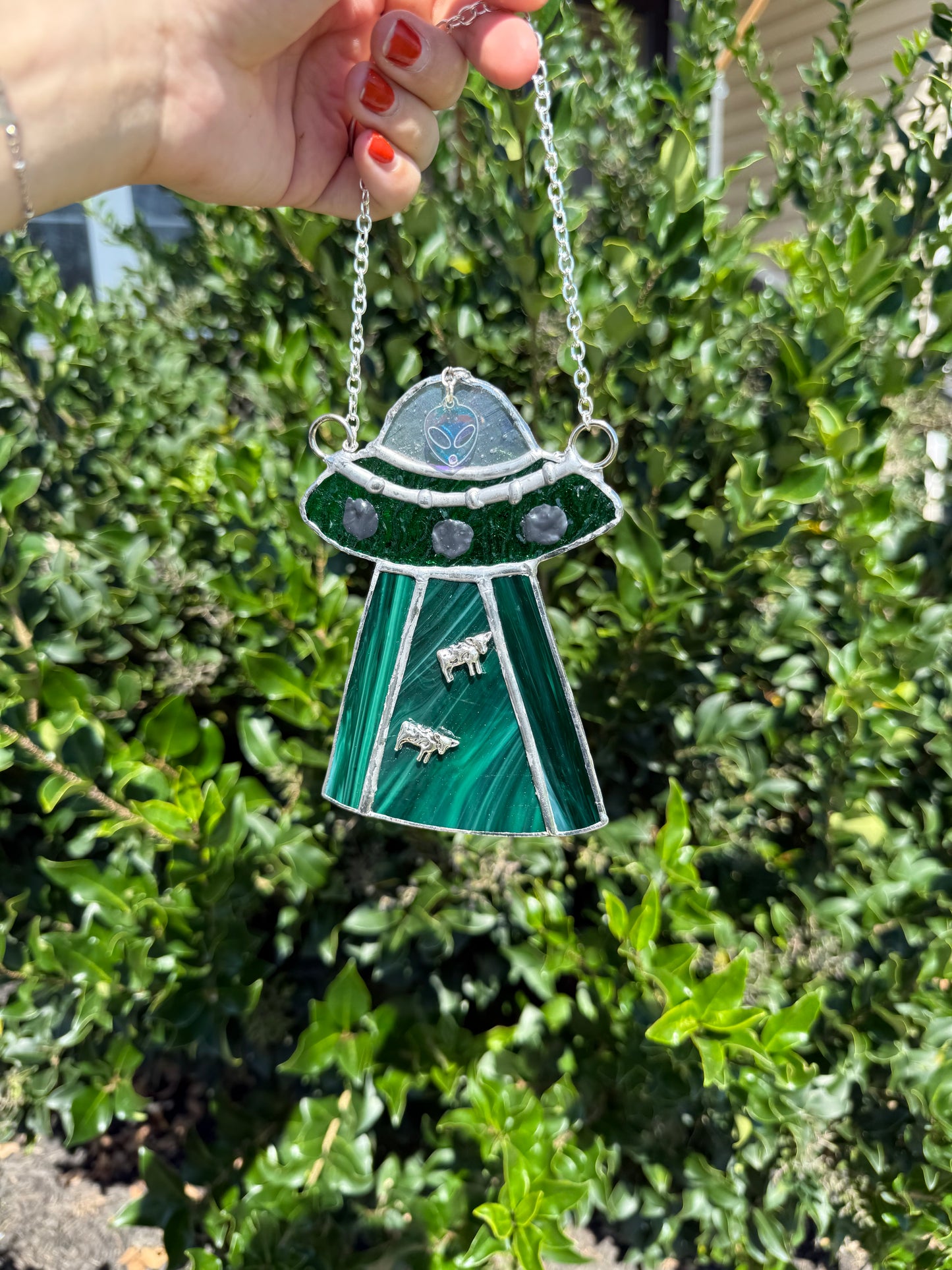 UFO Alien Cow Abduction Stained Glass Suncatcher | Goth Babe Decor | Halloween Window Decor