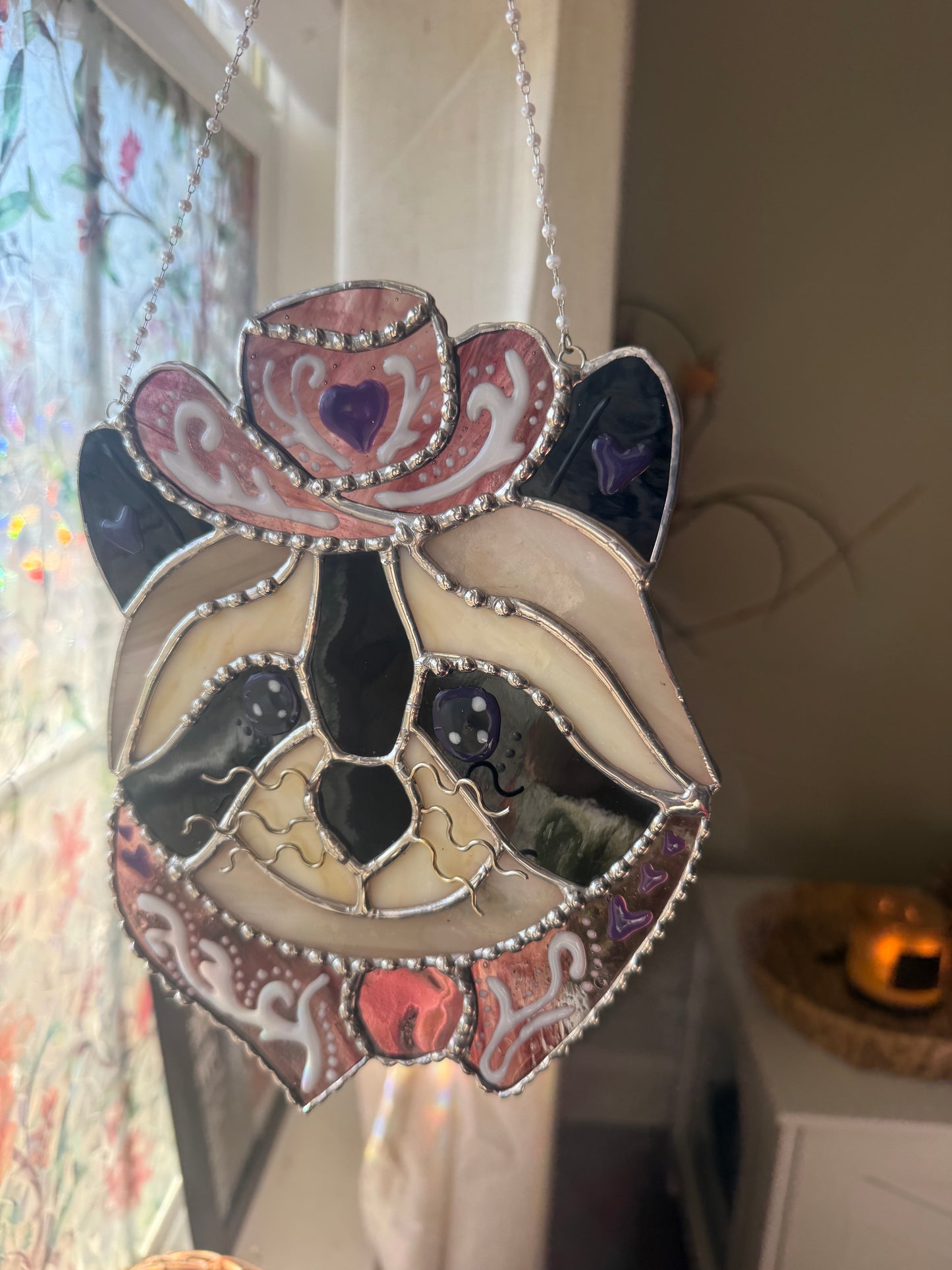 Cowgirl Raccoon Stained Glass | Western Trash Panda Suncatcher