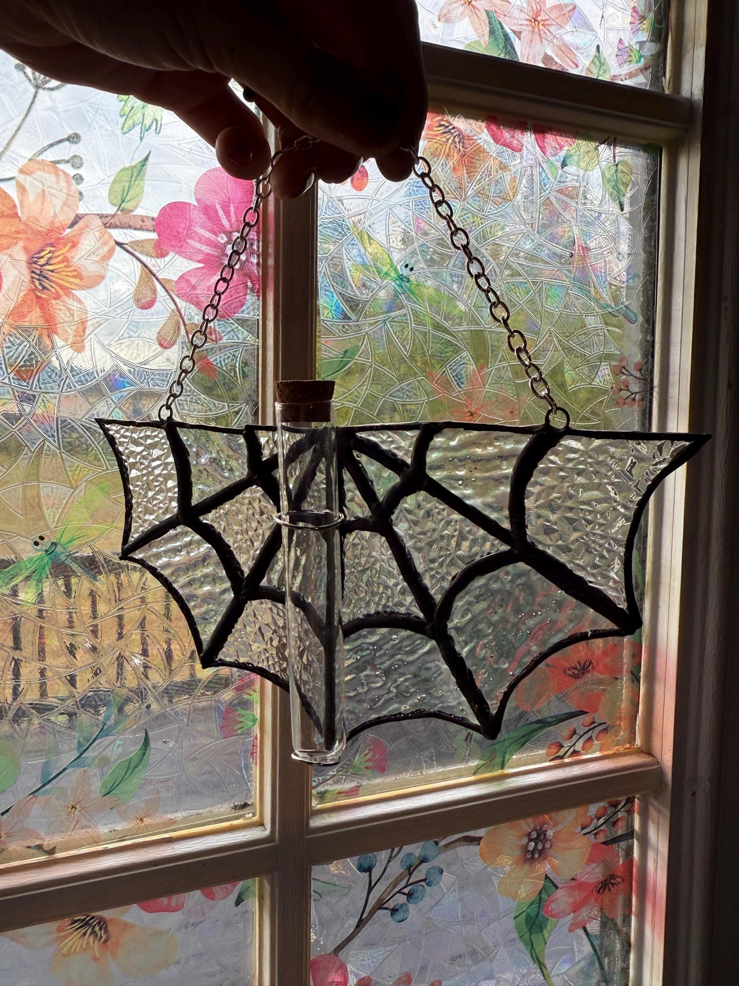 Spiderweb Stained Glass Plant Propagation Station: Gothic Window Decor