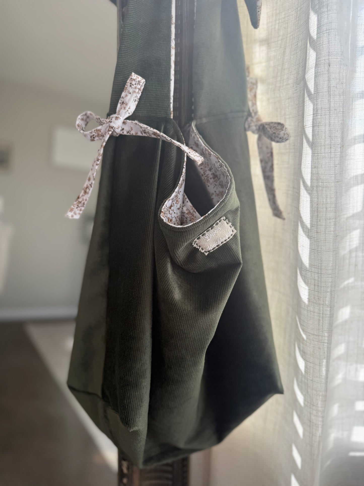 Sage Green Cotton Tote Bag with Bows | Large Shoulder Bag with Adjustable Strap