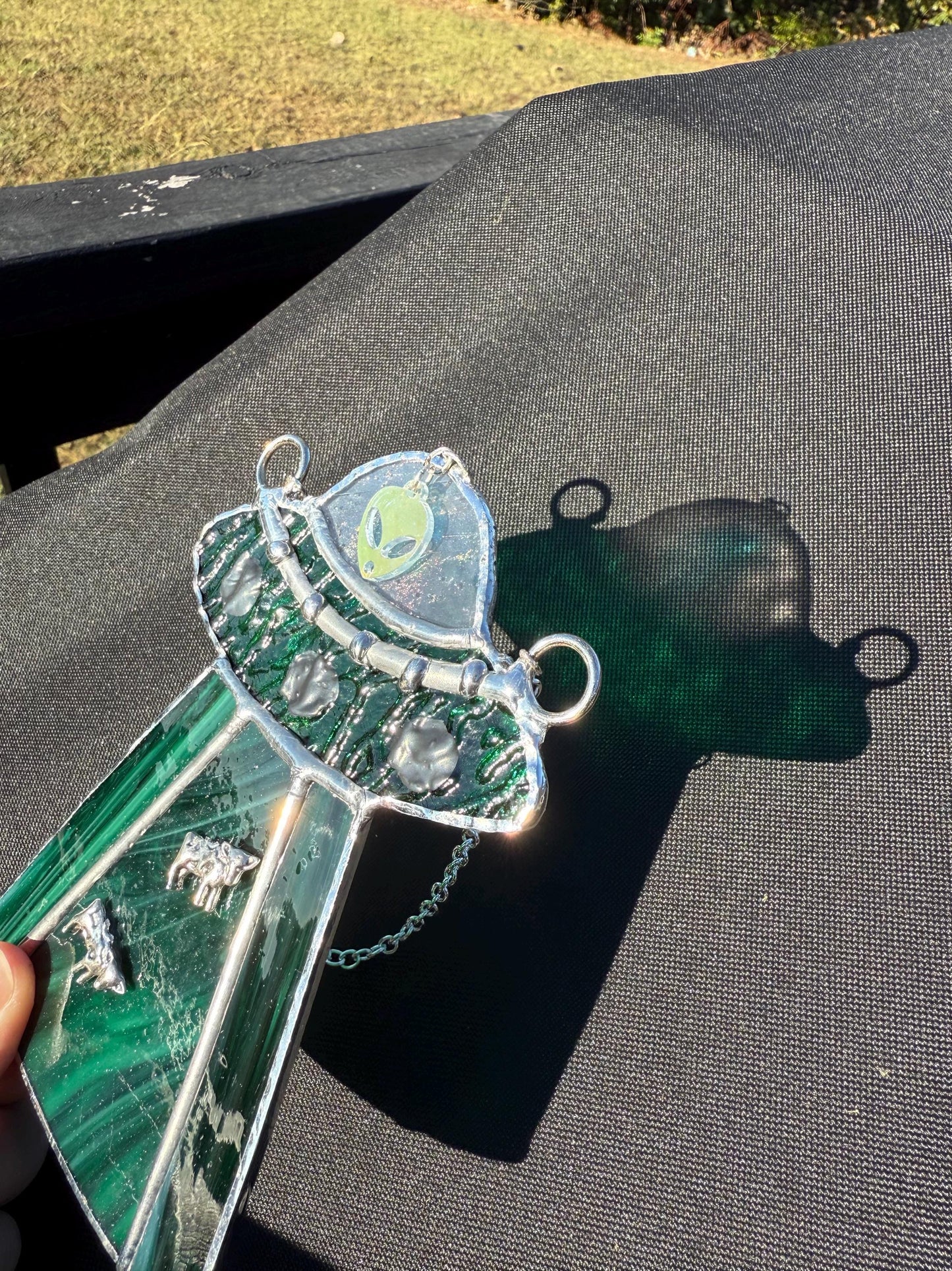 UFO Alien Cow Abduction Stained Glass Suncatcher | Goth Babe Decor | Halloween Window Decor
