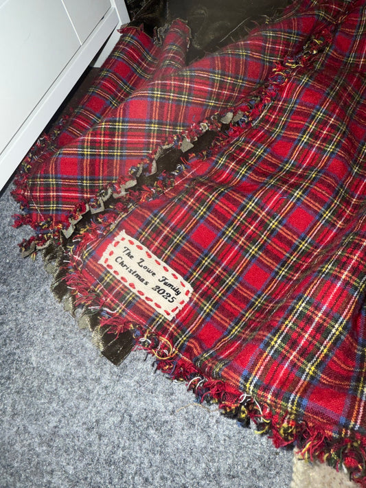 Family Traditional Christmas Tree Skirt | Rag Style Tree Skirt with Custom Hand Sewn Name