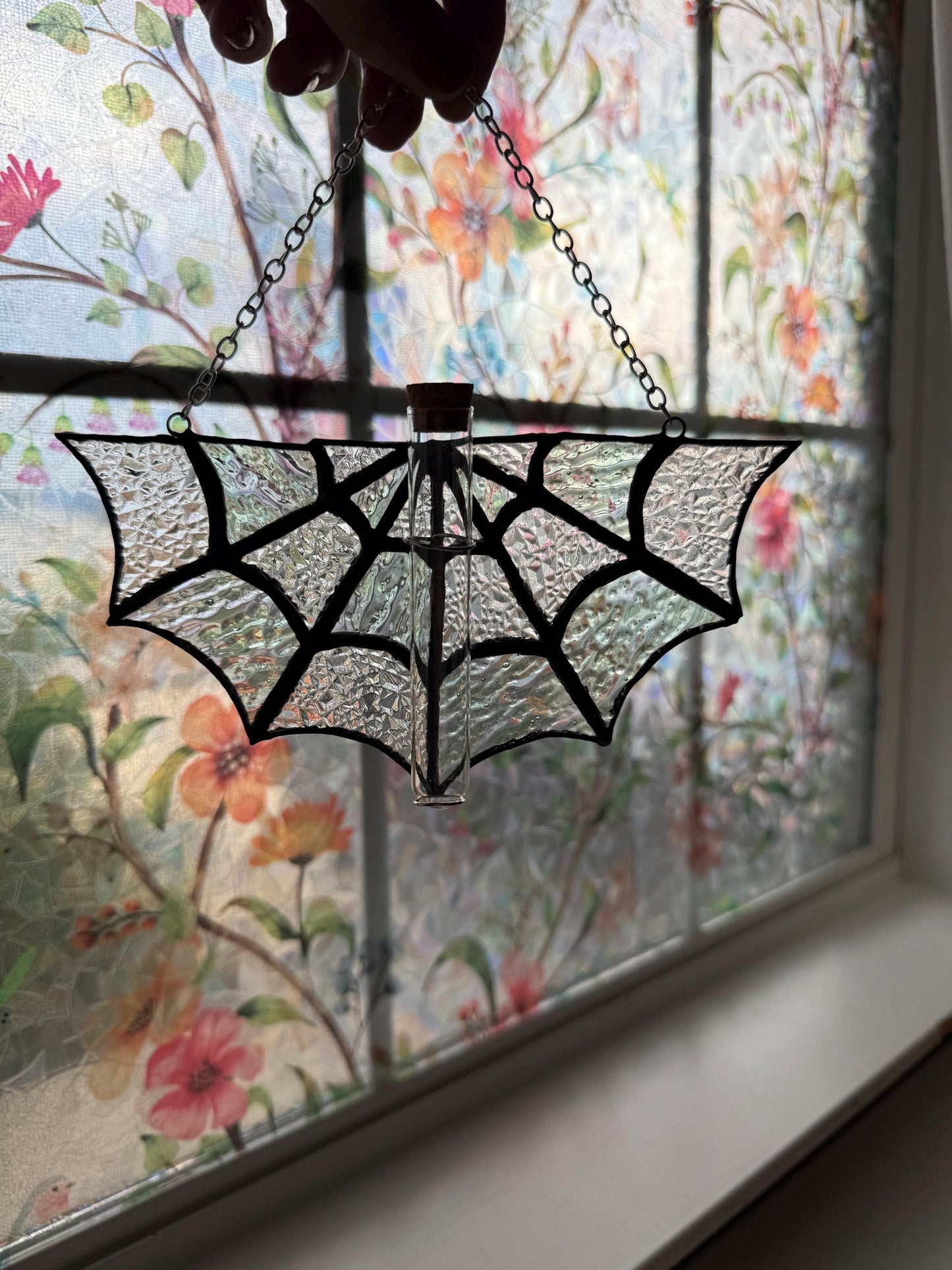 Spiderweb Stained Glass Plant Propagation Station: Gothic Window Decor