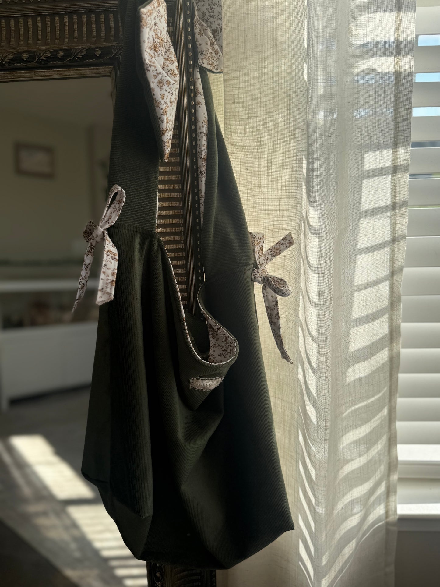 Sage Green Cotton Tote Bag with Bows | Large Shoulder Bag with Adjustable Strap