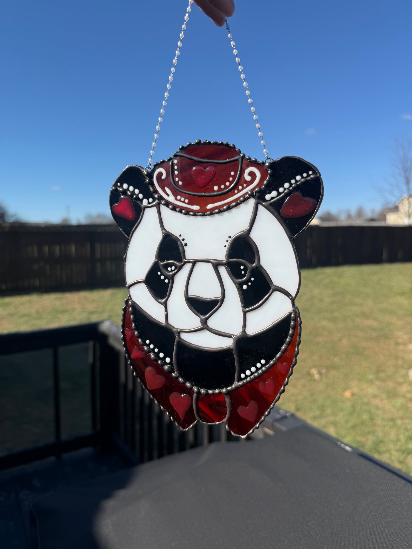 Cowboy Panda Bear Stained Glass | Heart Cowboy Suncatcher | Valentines Bear