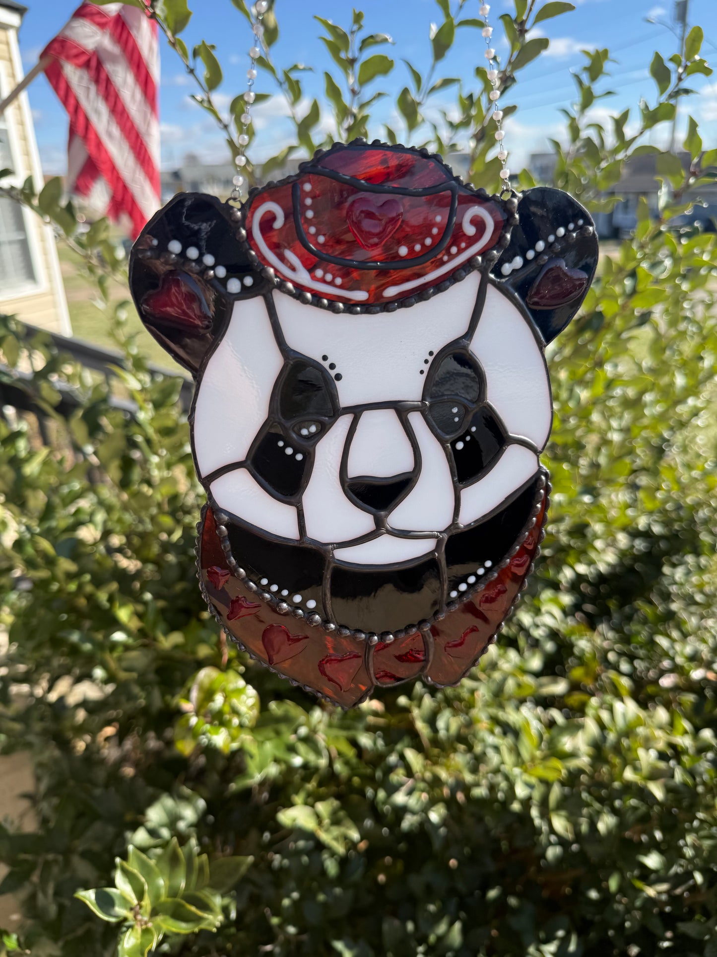Cowboy Panda Bear Stained Glass | Heart Cowboy Suncatcher | Valentines Bear