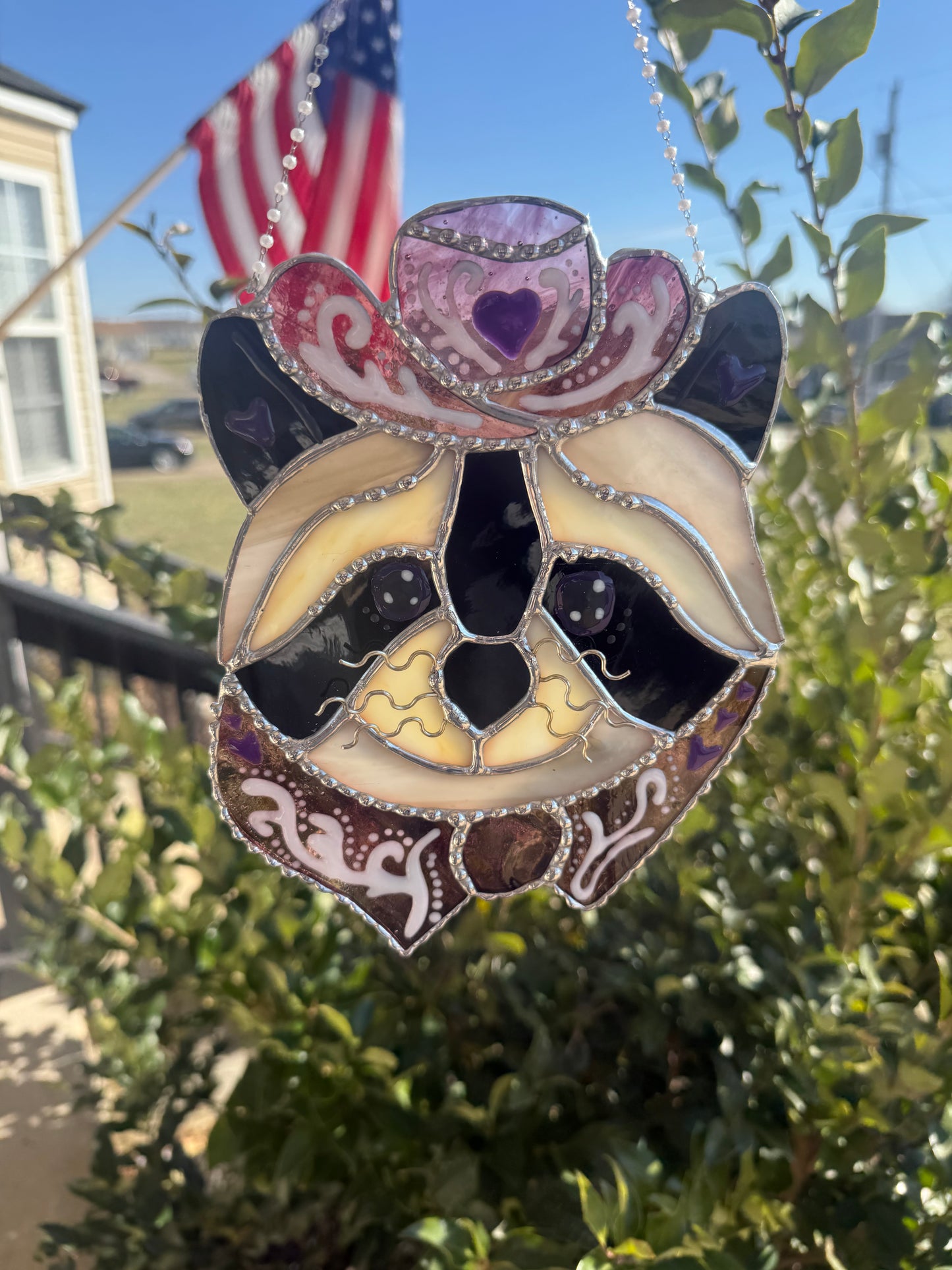 Cowgirl Raccoon Stained Glass | Western Trash Panda Suncatcher