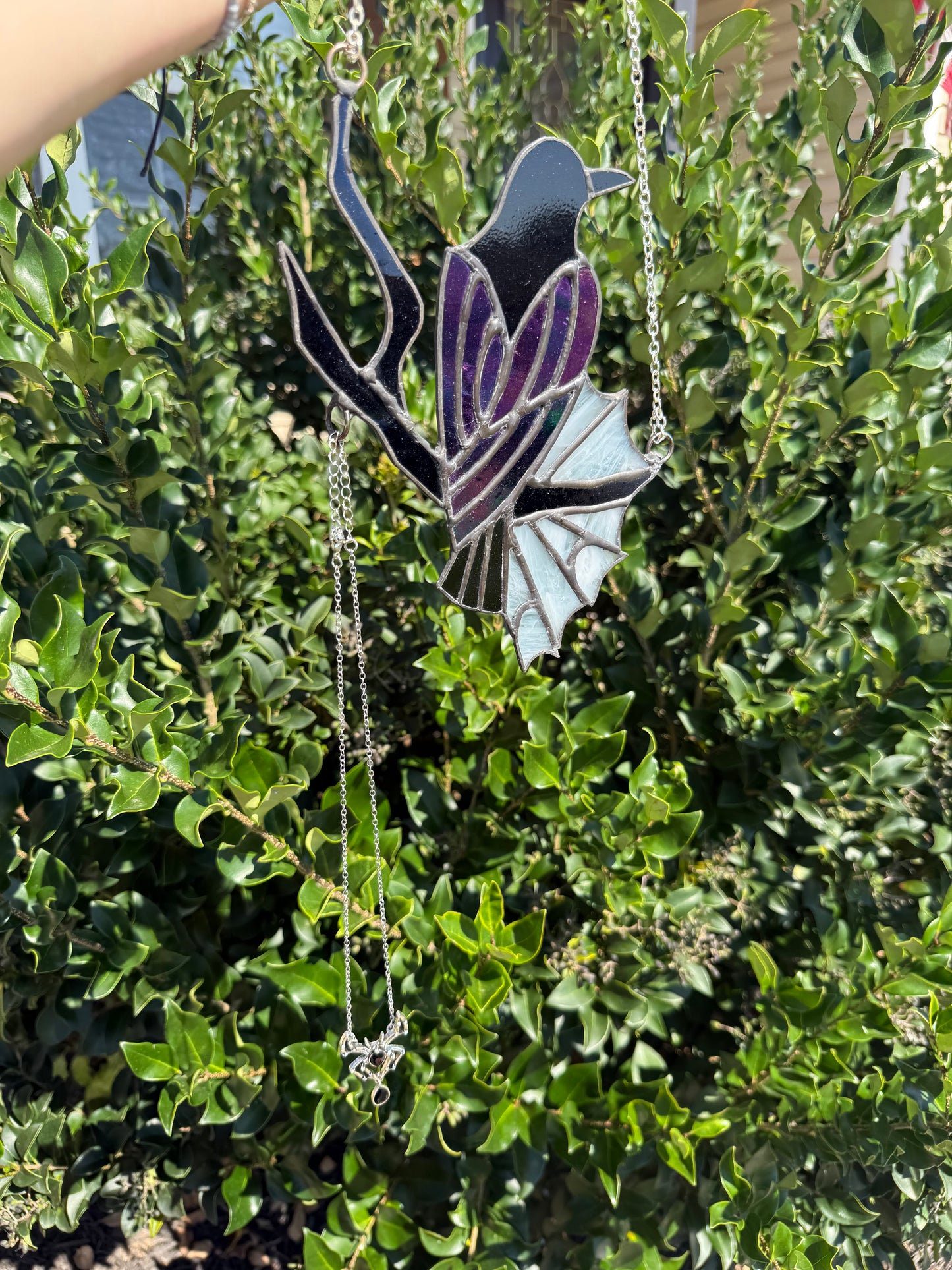 Spiderweb Raven Stained Glass Suncatcher with Detachable Spider Pendant Necklace | Crow Stained Glass | Goth Babe Decor