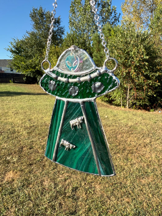 UFO Alien Cow Abduction Stained Glass Suncatcher | Goth Babe Decor | Halloween Window Decor