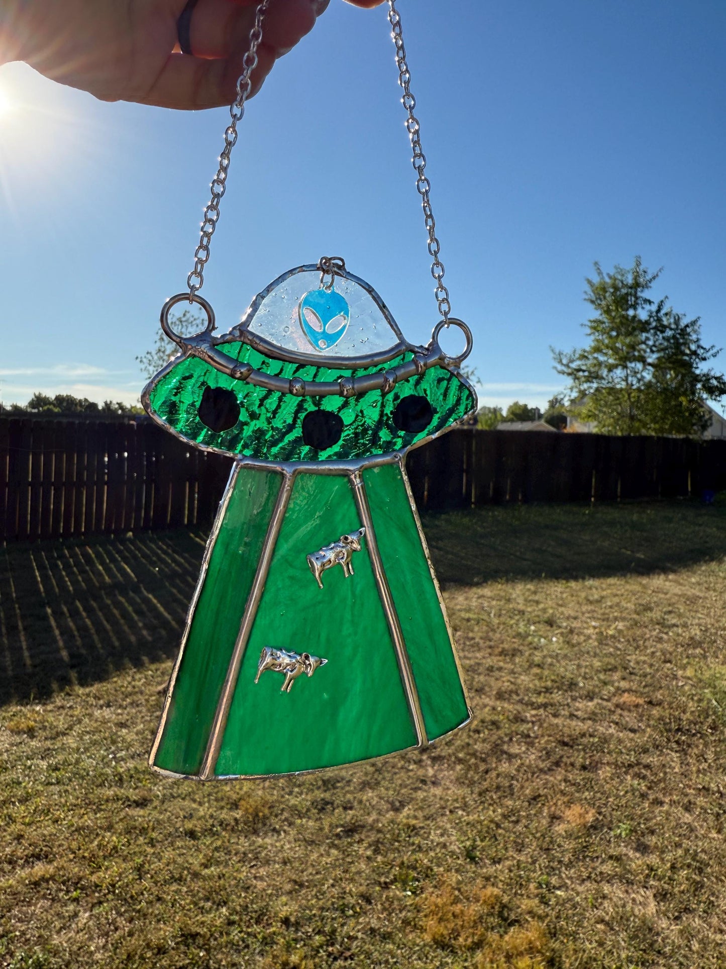 UFO Alien Cow Abduction Stained Glass Suncatcher | Goth Babe Decor | Halloween Window Decor