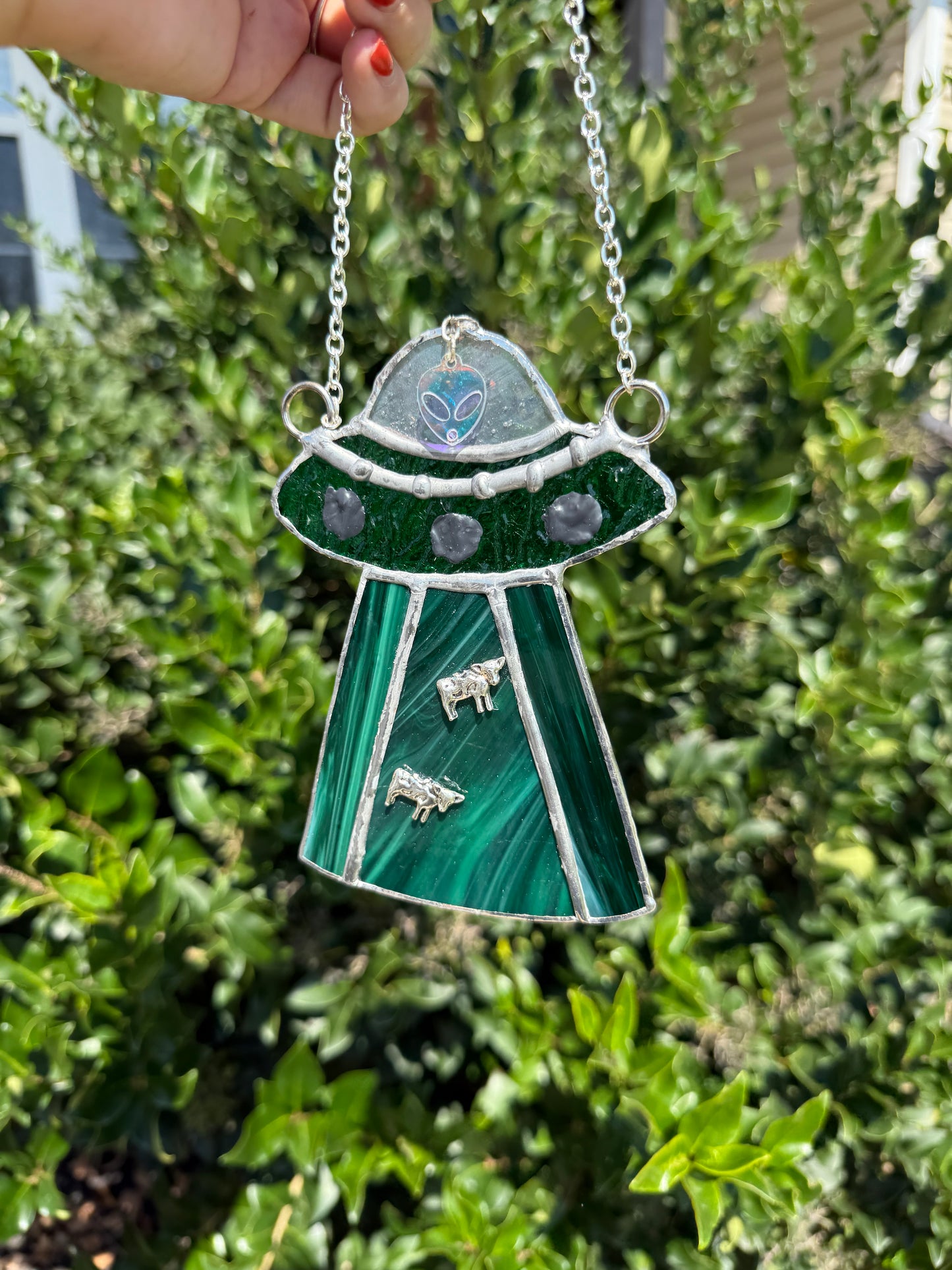 UFO Alien Cow Abduction Stained Glass Suncatcher | Goth Babe Decor | Halloween Window Decor