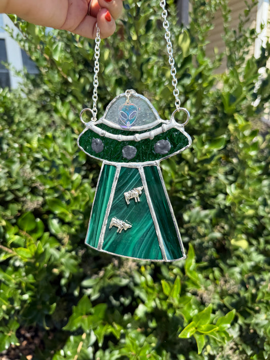 UFO Alien Cow Abduction Stained Glass Suncatcher | Goth Babe Decor | Halloween Window Decor