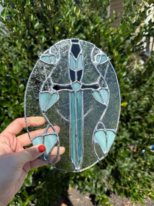 Sword and Vines Stained Glass Suncatcher | Excalibur Sword Stained Glass Piece