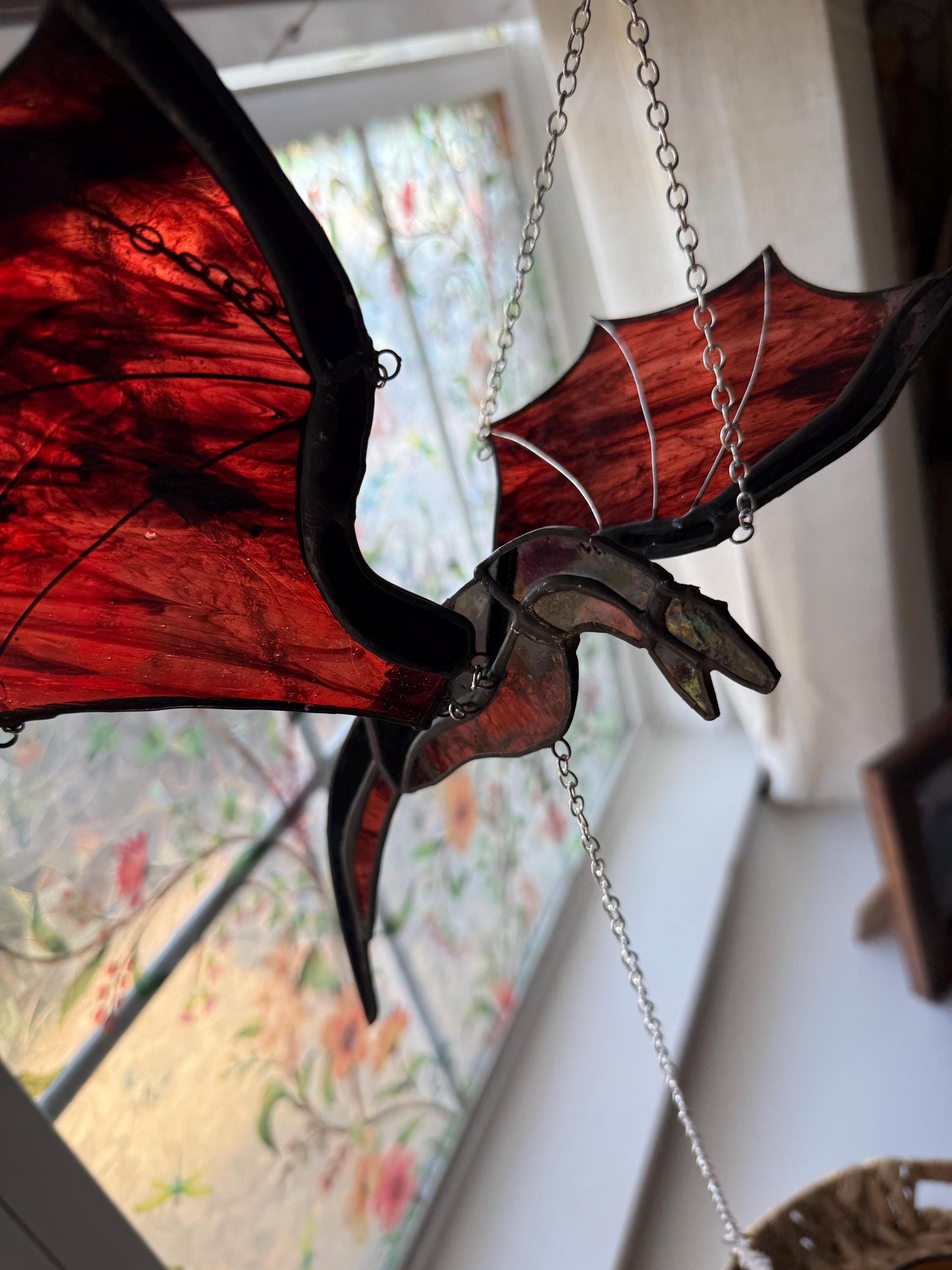 Stained Glass Flying Dragon Mobile: Gothic Window Decor