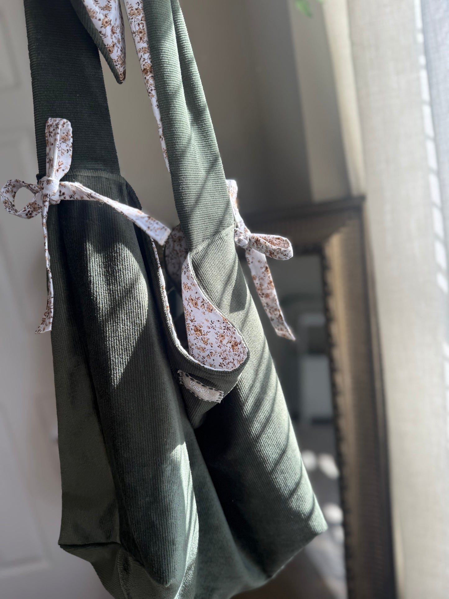 Sage Green Cotton Tote Bag with Bows | Large Shoulder Bag with Adjustable Strap