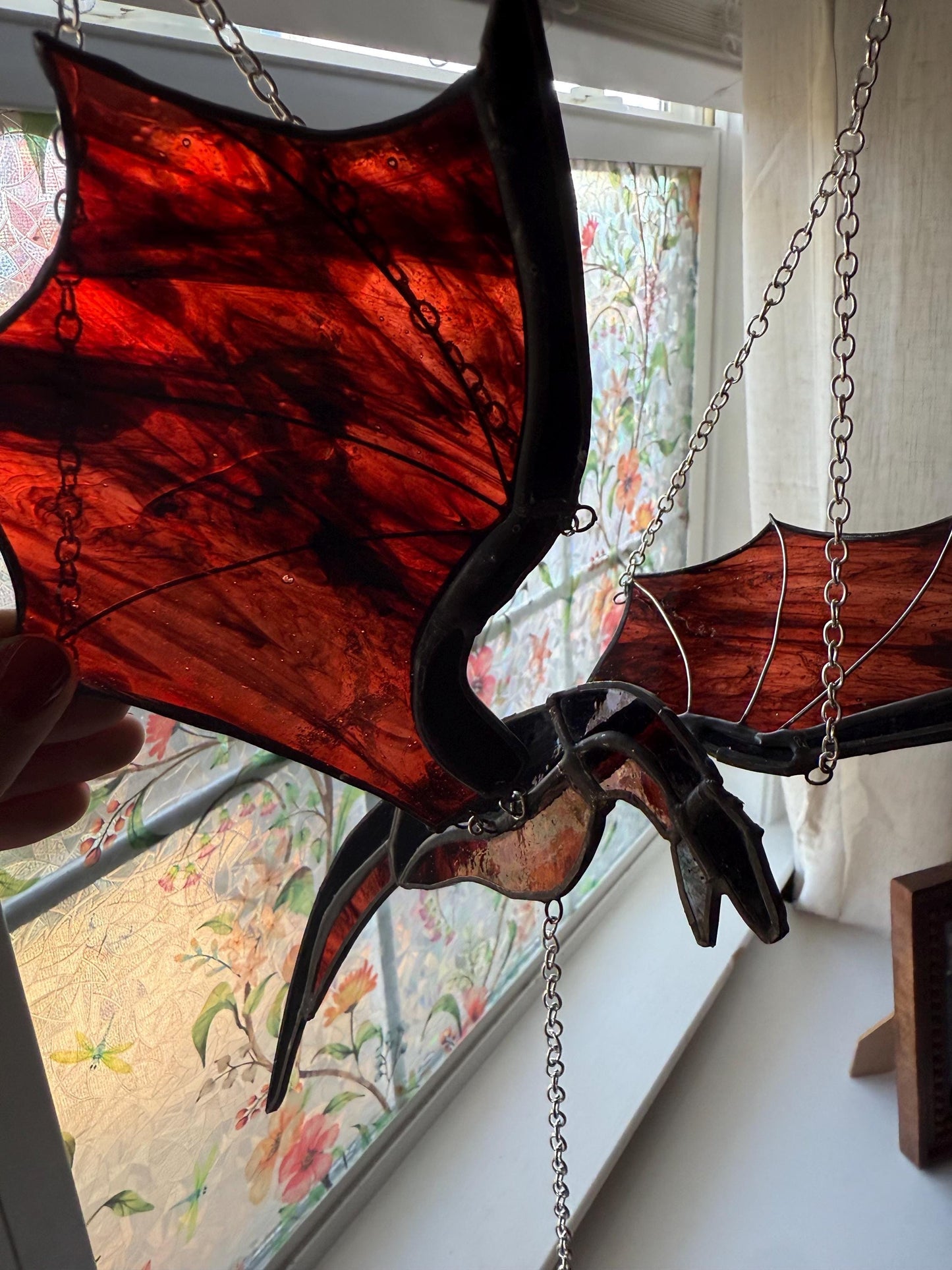 Stained Glass Flying Dragon Mobile: Gothic Window Decor
