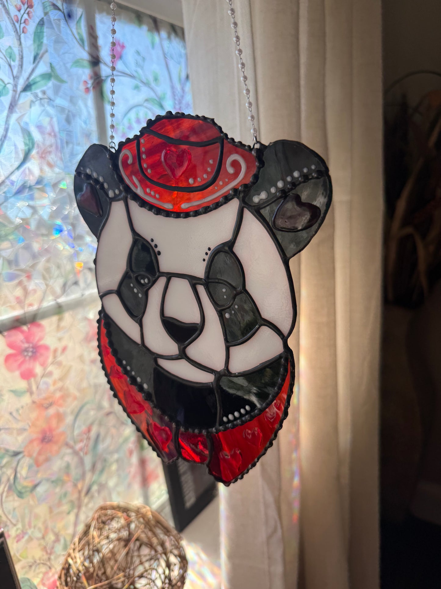 Cowboy Panda Bear Stained Glass | Heart Cowboy Suncatcher | Valentines Bear