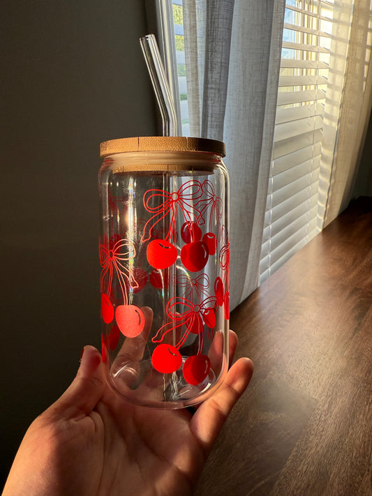 Cherry Coquette Glass Cup | Red Bow Cup
