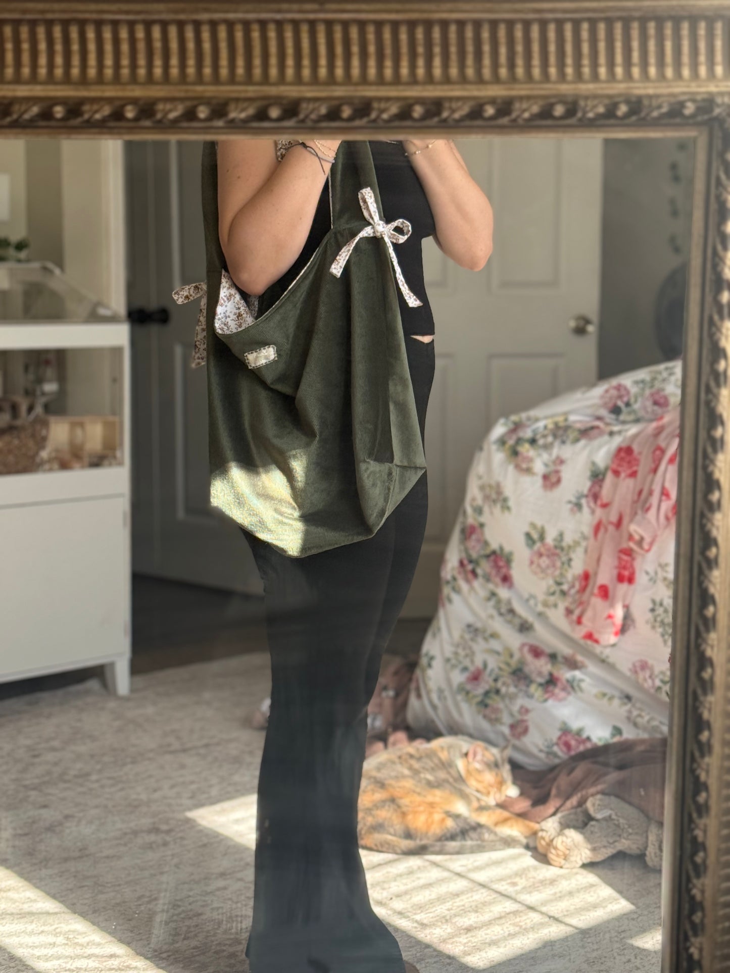 Sage Green Cotton Tote Bag with Bows | Large Shoulder Bag with Adjustable Strap