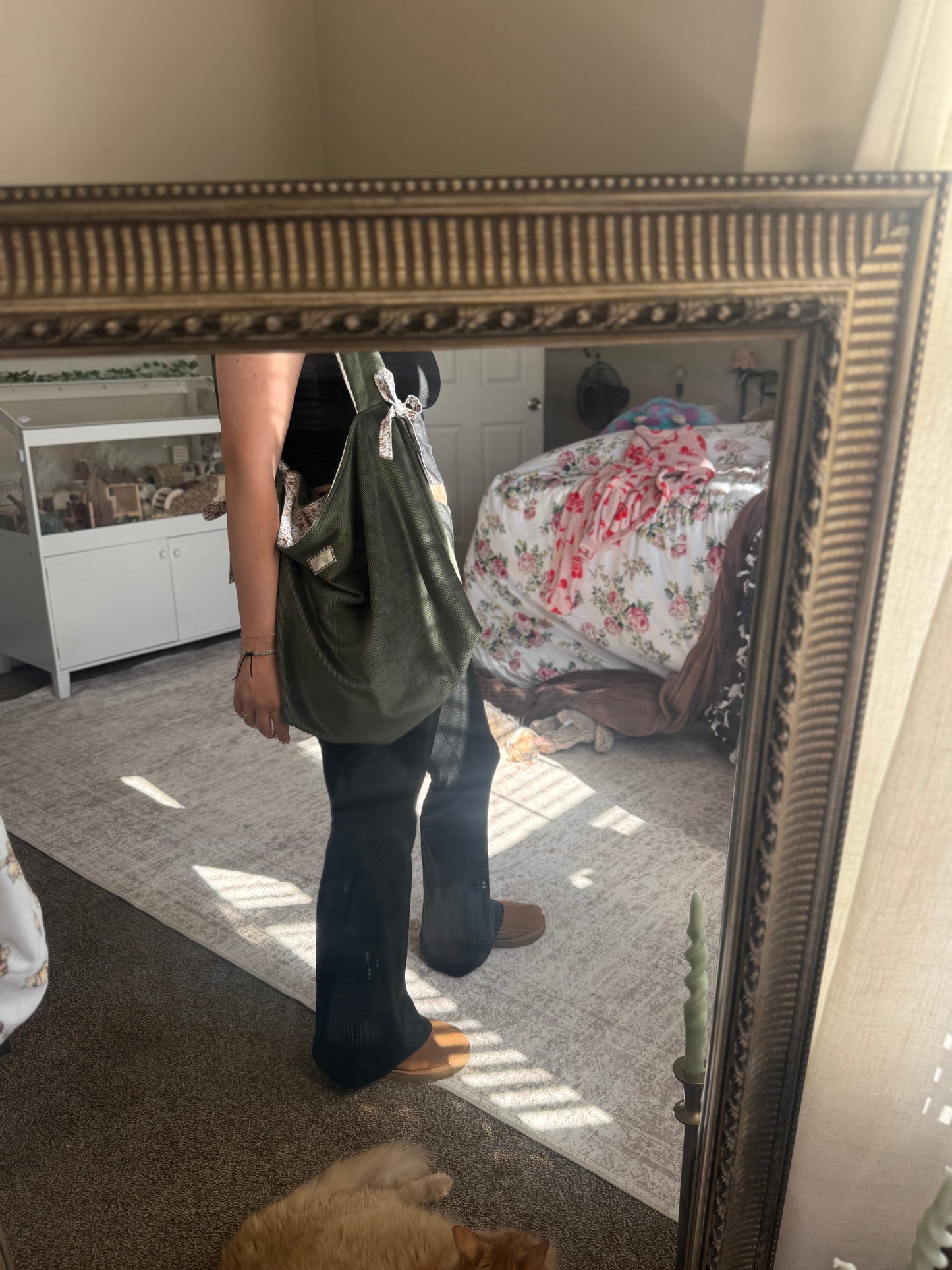 Sage Green Cotton Tote Bag with Bows | Large Shoulder Bag with Adjustable Strap