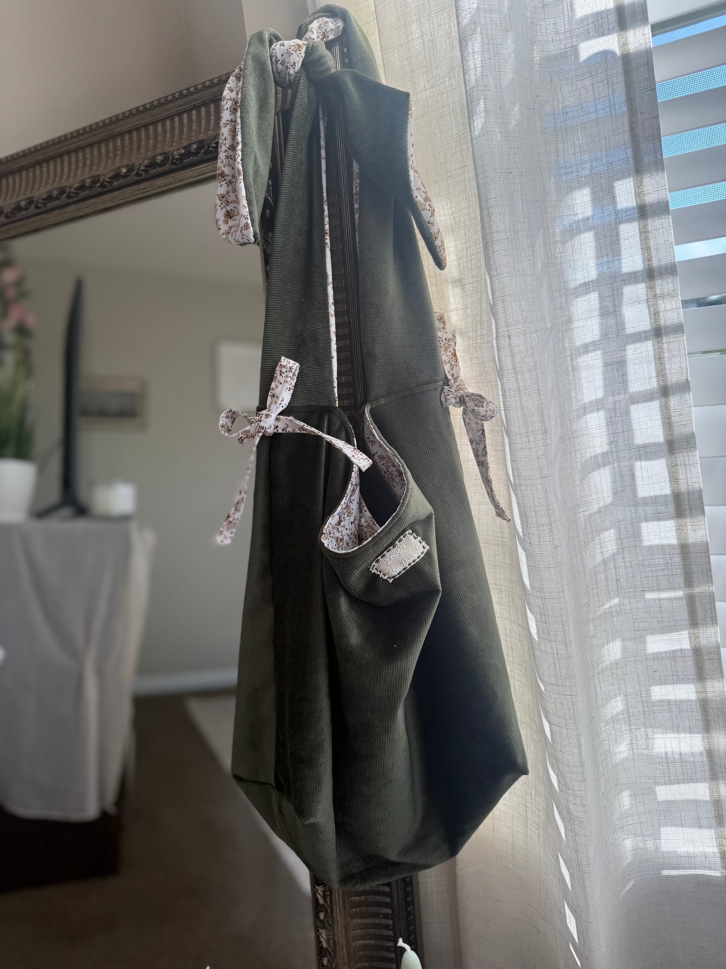 Sage Green Cotton Tote Bag with Bows | Large Shoulder Bag with Adjustable Strap