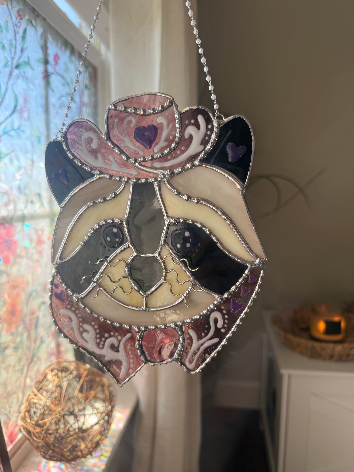 Cowgirl Raccoon Stained Glass | Western Trash Panda Suncatcher