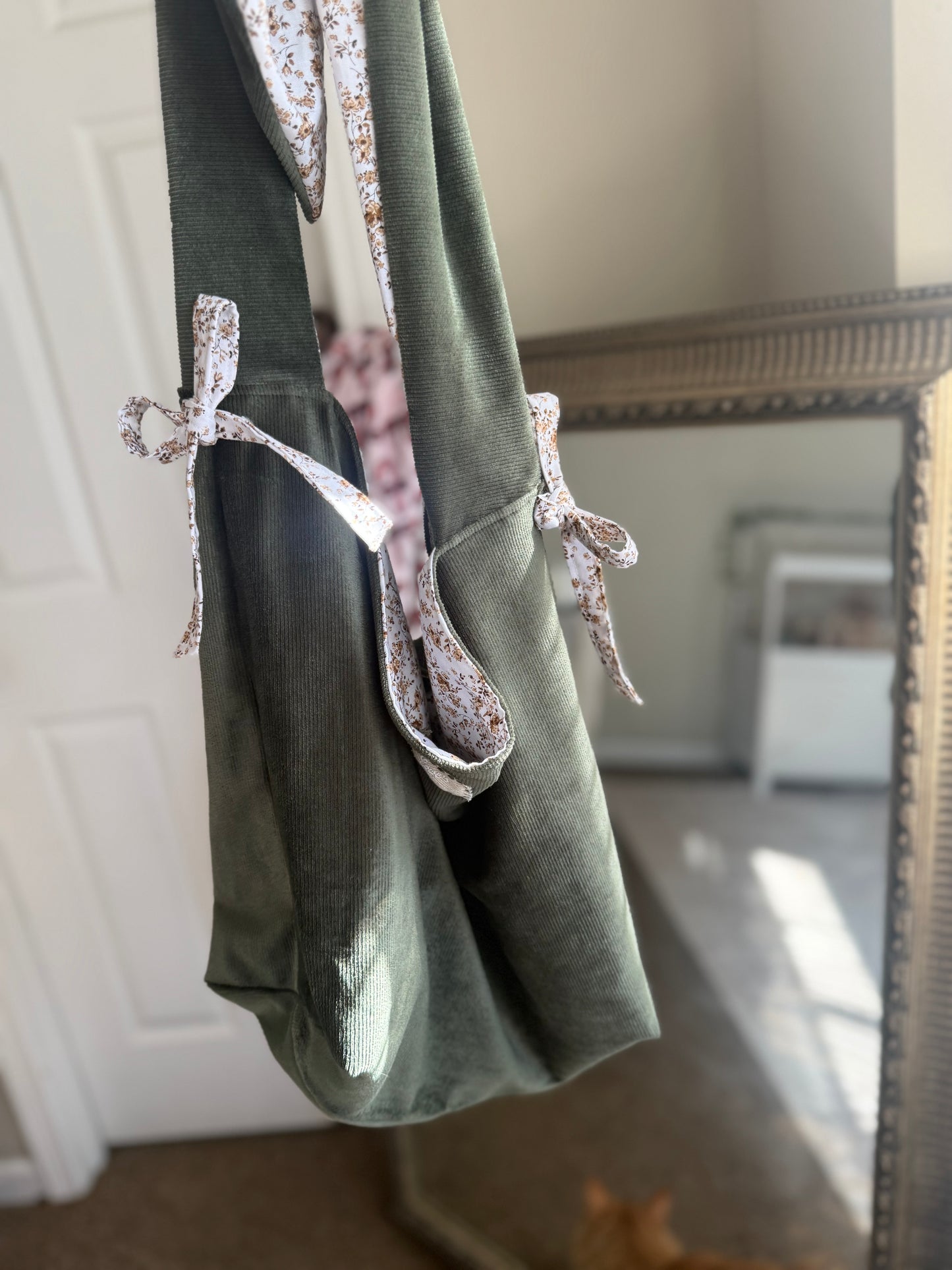 Sage Green Cotton Tote Bag with Bows | Large Shoulder Bag with Adjustable Strap