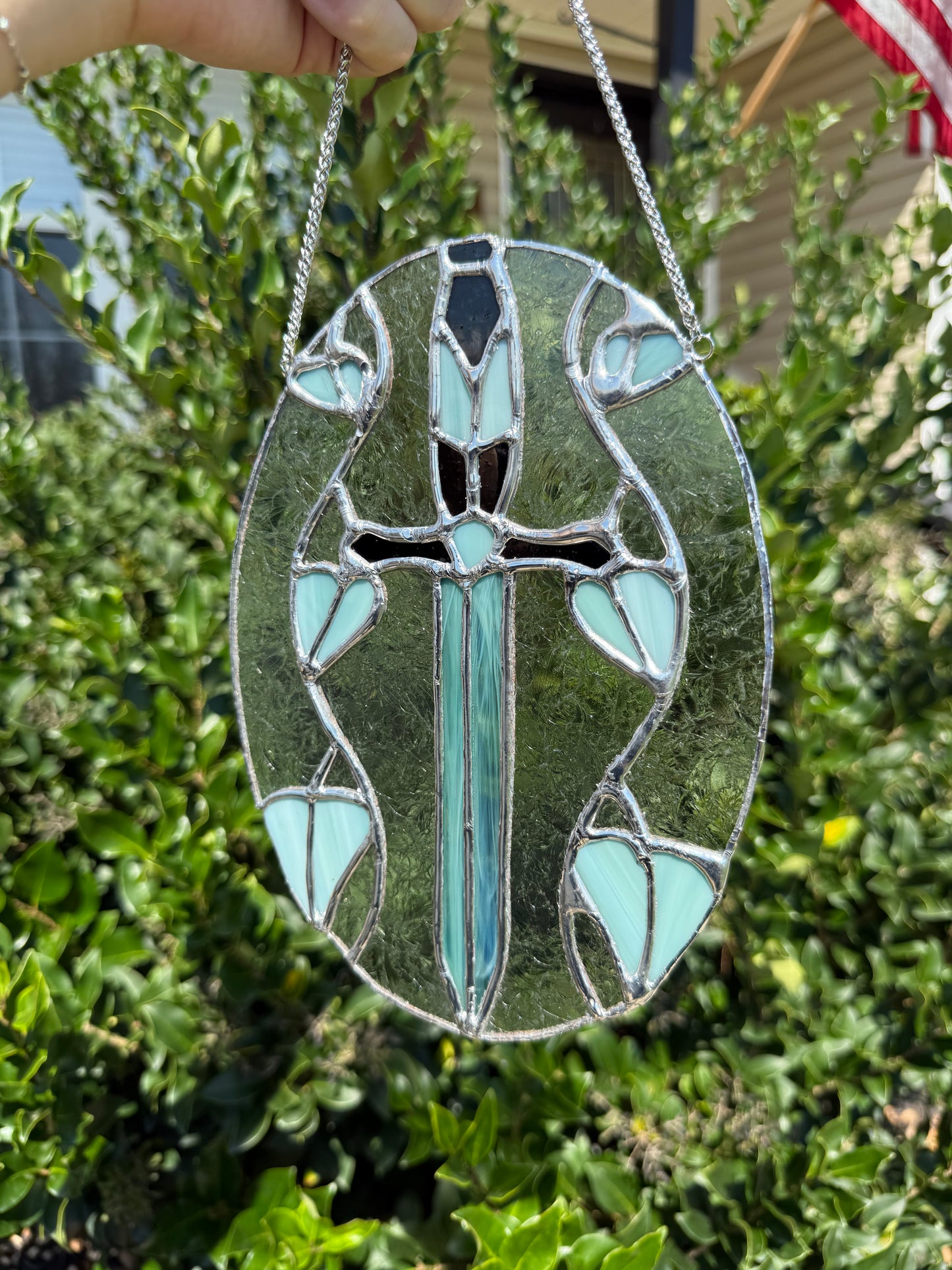 Sword and Vines Stained Glass Suncatcher | Excalibur Sword Stained Glass Piece