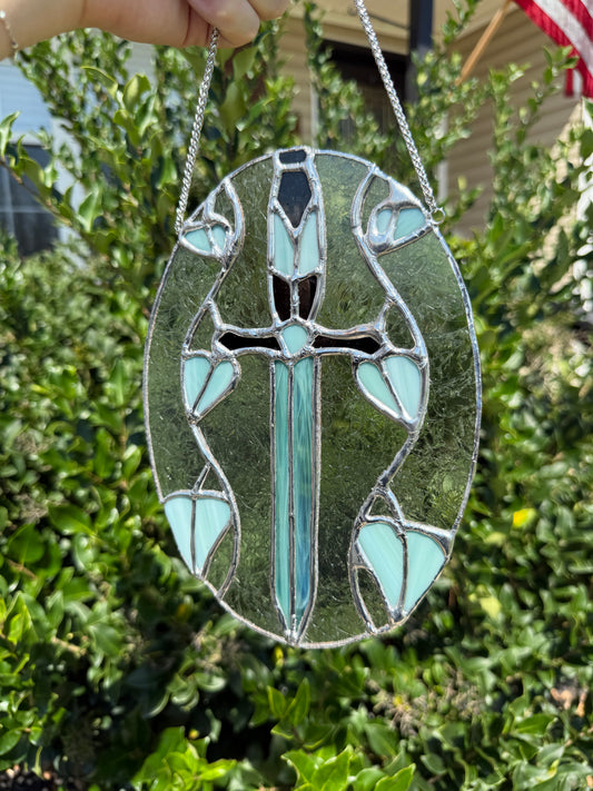 Sword and Vines Stained Glass Suncatcher | Excalibur Sword Stained Glass Piece