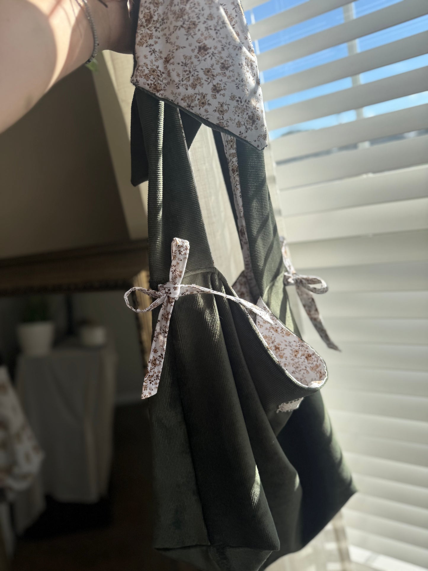 Sage Green Cotton Tote Bag with Bows | Large Shoulder Bag with Adjustable Strap