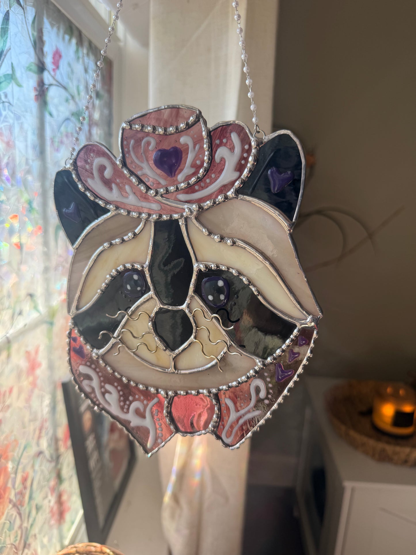 Cowgirl Raccoon Stained Glass | Western Trash Panda Suncatcher