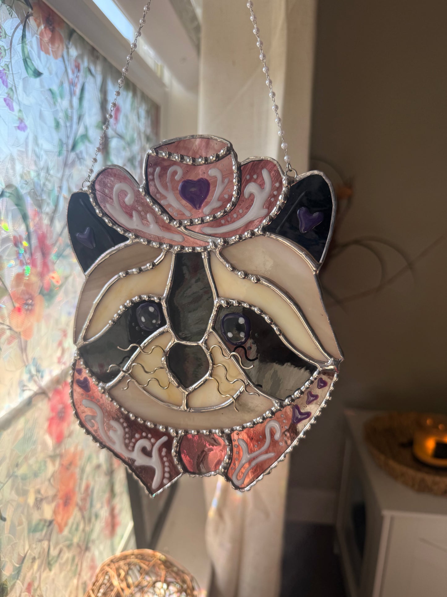Cowgirl Raccoon Stained Glass | Western Trash Panda Suncatcher