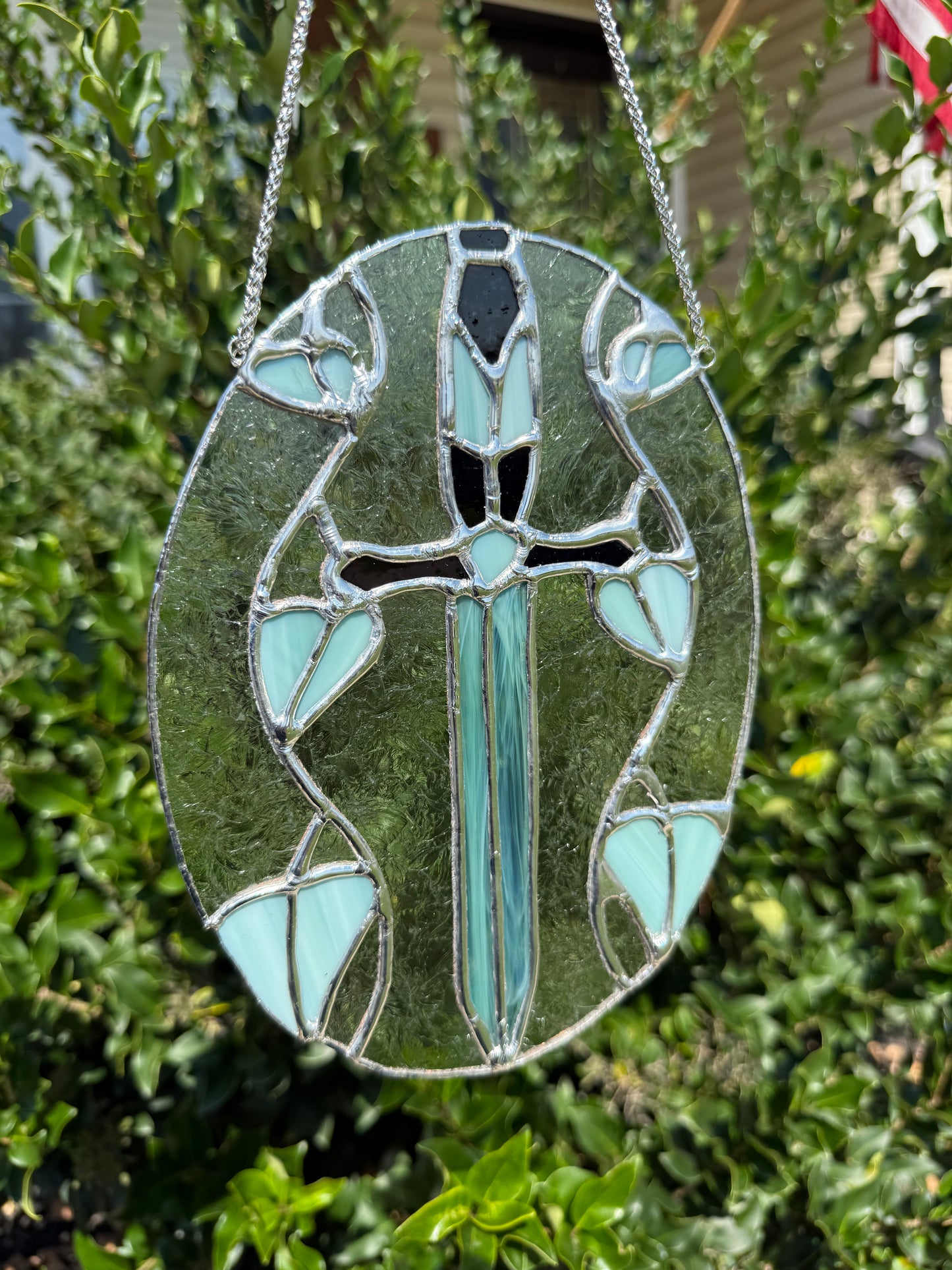 Sword and Vines Stained Glass Suncatcher | Excalibur Sword Stained Glass Piece