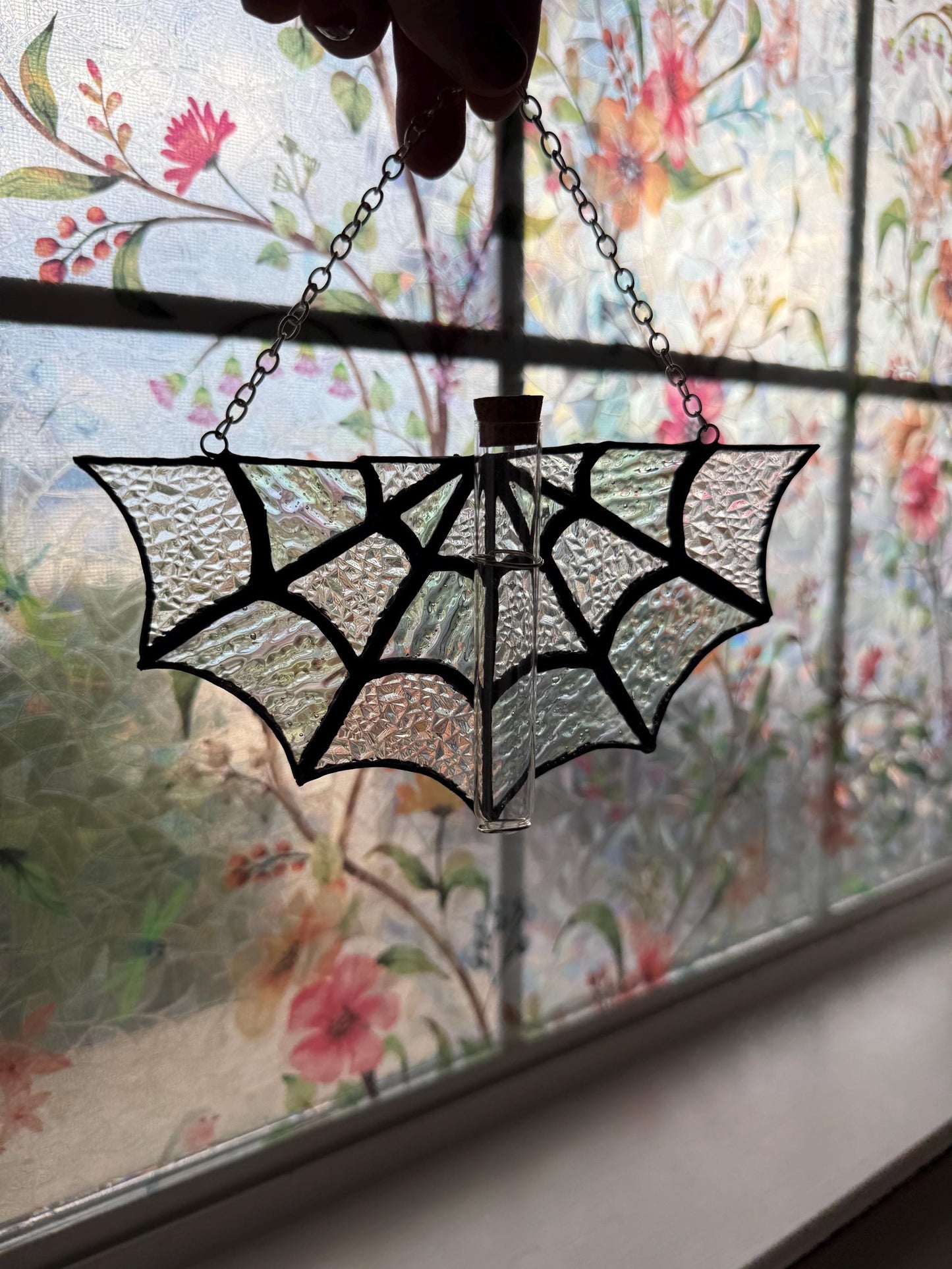 Spiderweb Stained Glass Plant Propagation Station: Gothic Window Decor