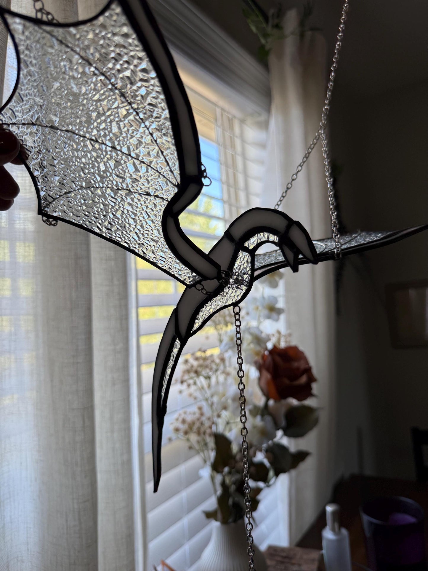 Stained Glass Flying Dragon Mobile: Gothic Window Decor
